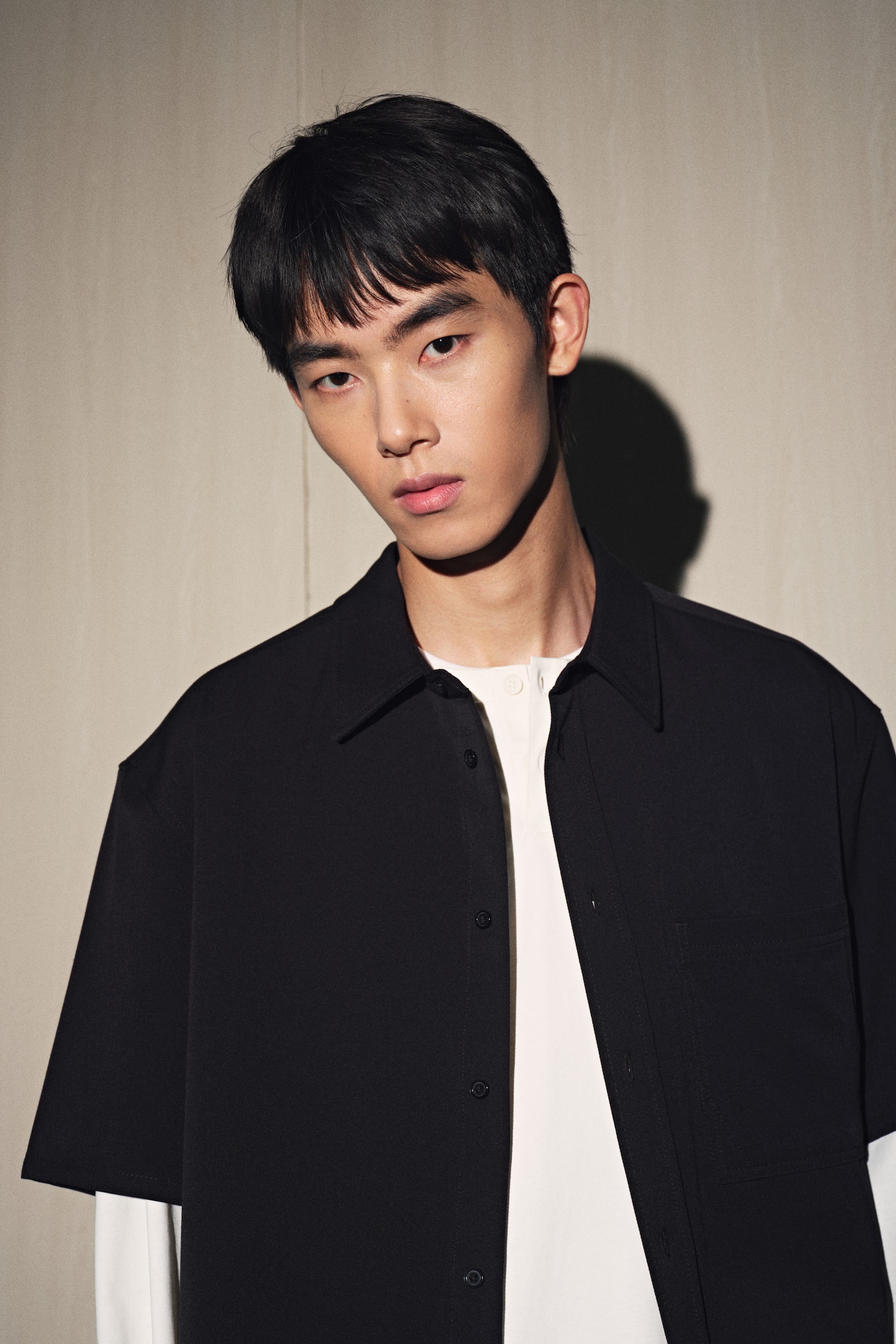 寬鬆剪裁短袖襯衫 - 黑色/灰綠色 - 5