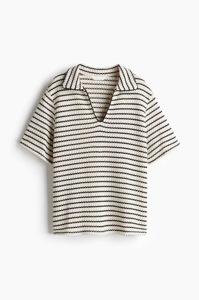 Textured-knit collared top - White/Black striped - 1