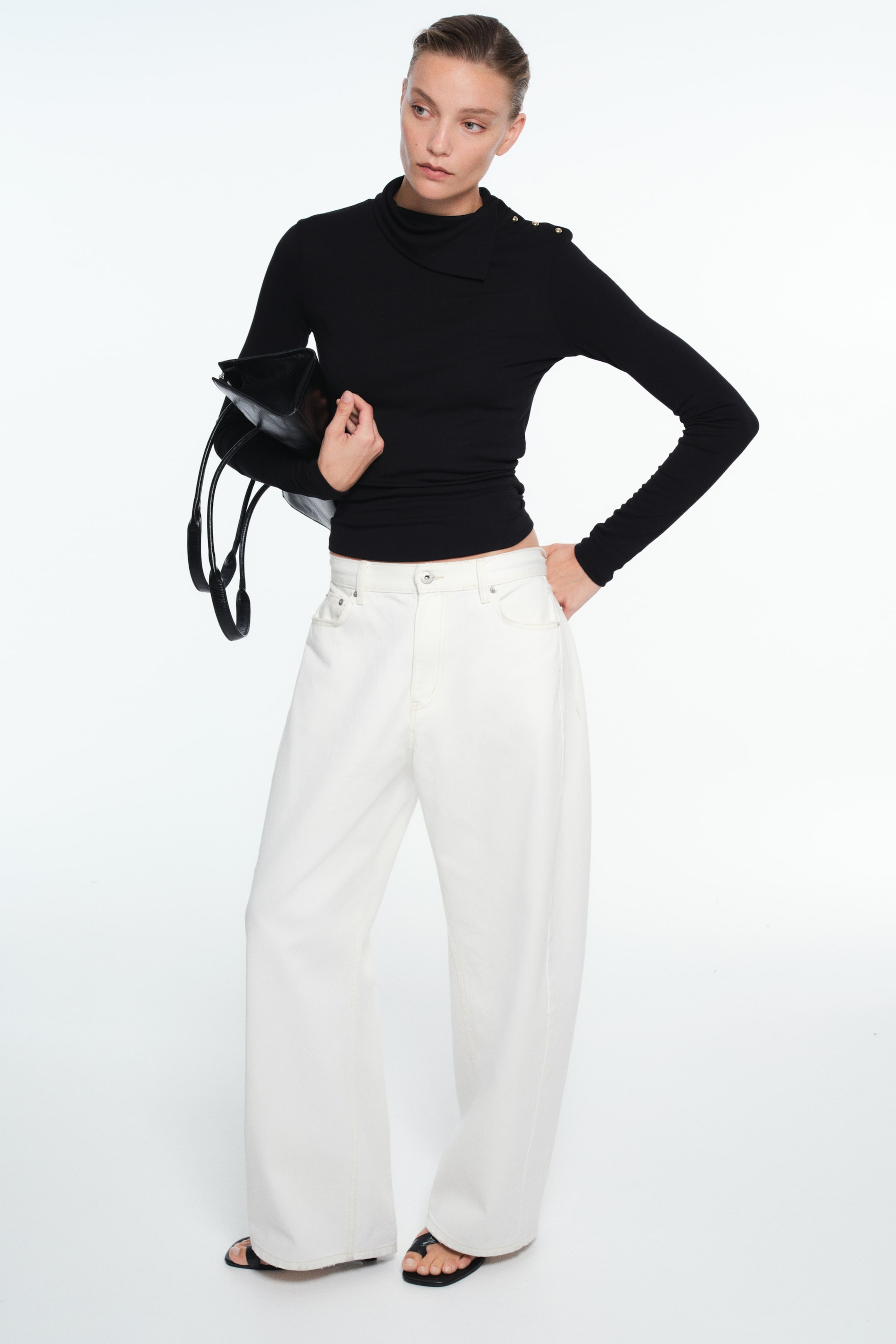 Button-Detail Mock Turtleneck Top