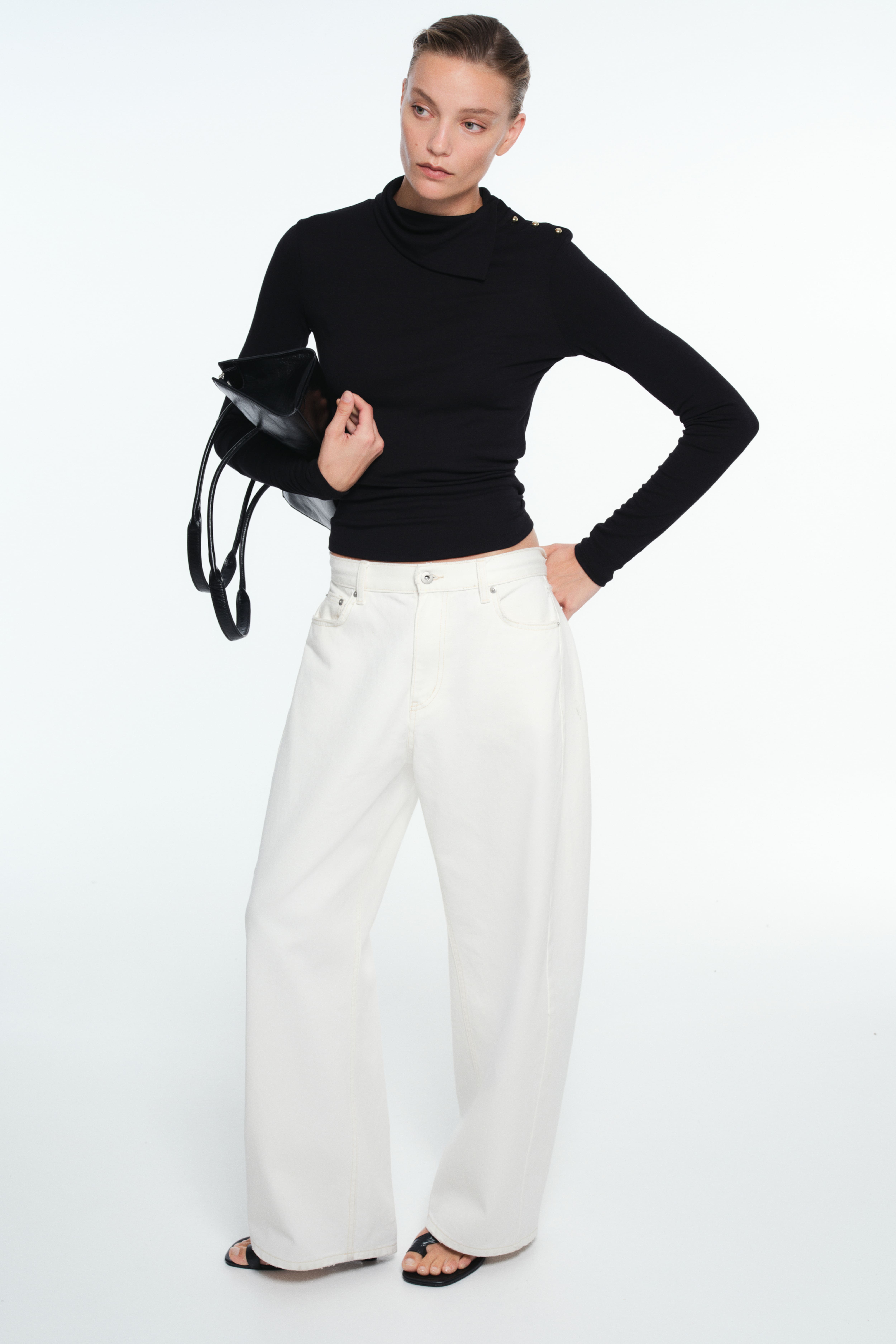 Button-Detail Mock Turtleneck Top