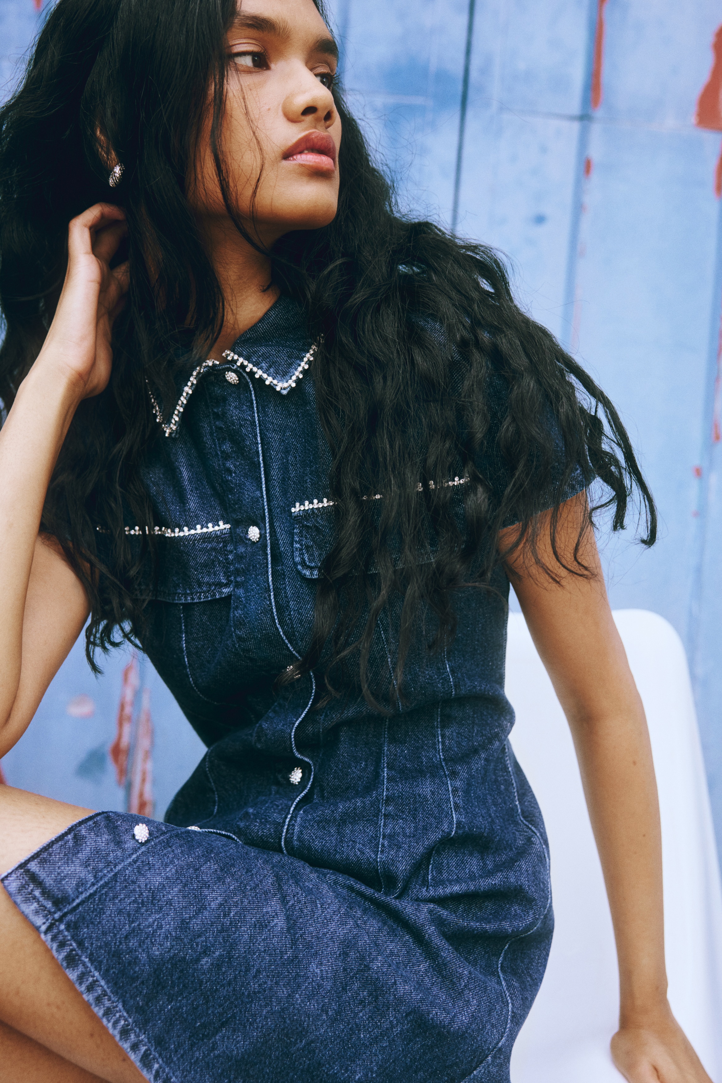 Ladies - Dark Denim Blue Embellished Denim Dress - Size: XXS - H&M