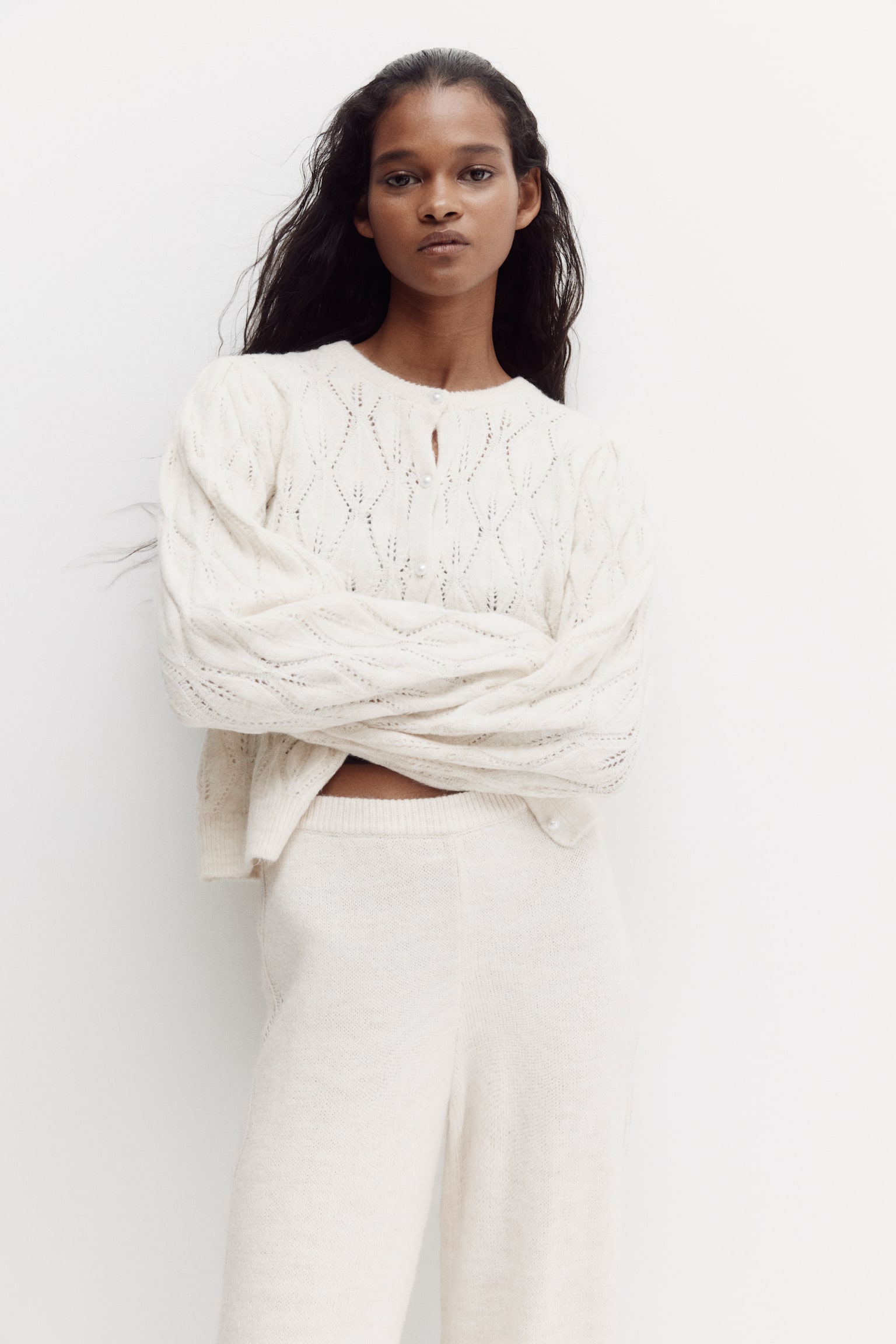 Spodnie z ażurowej dzianiny - Jasnobeżowy - 5