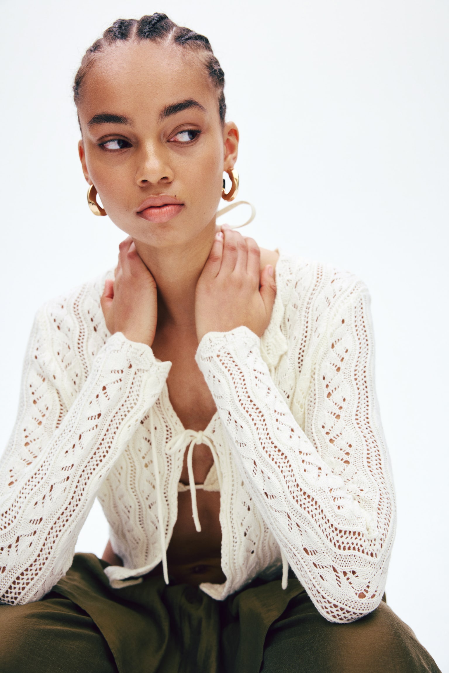 Pointelle-knit tie-front cardigan - Cream/Dark brown - 1