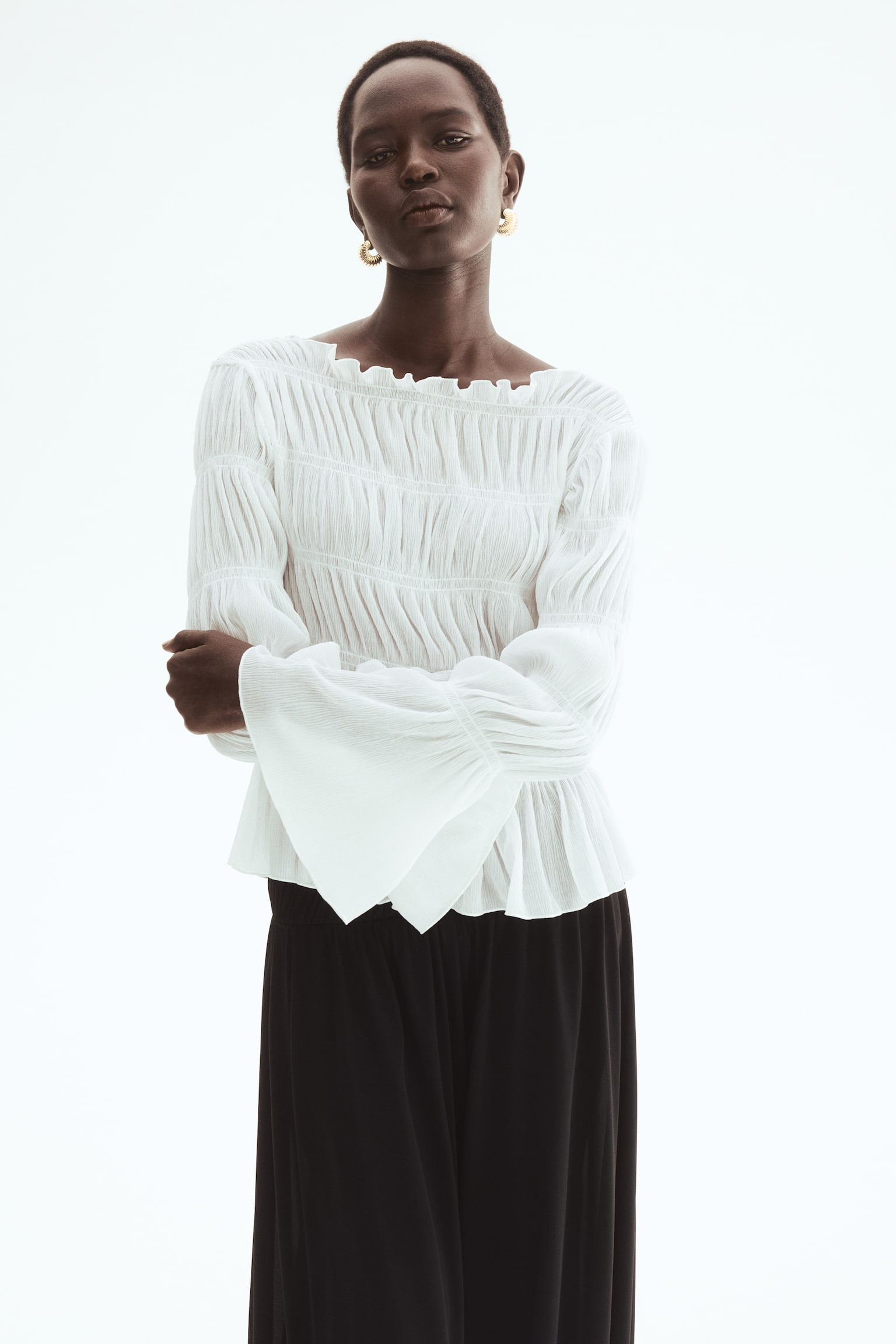 Smocked boat-neck top - White - 5