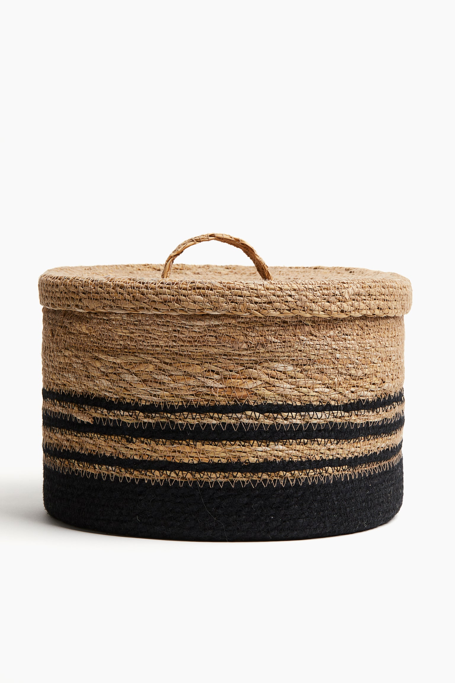 Braided straw lidded basket - Beige/Striped - 1