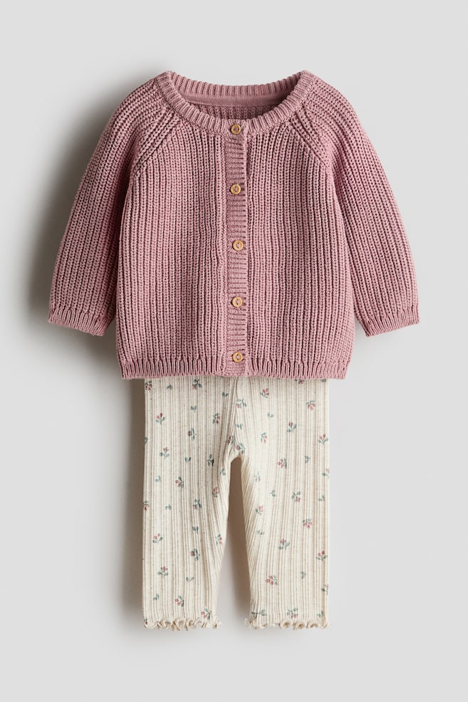 2-piece cotton-knit set - Dusty pink/Floral/Beige/Striped - 1