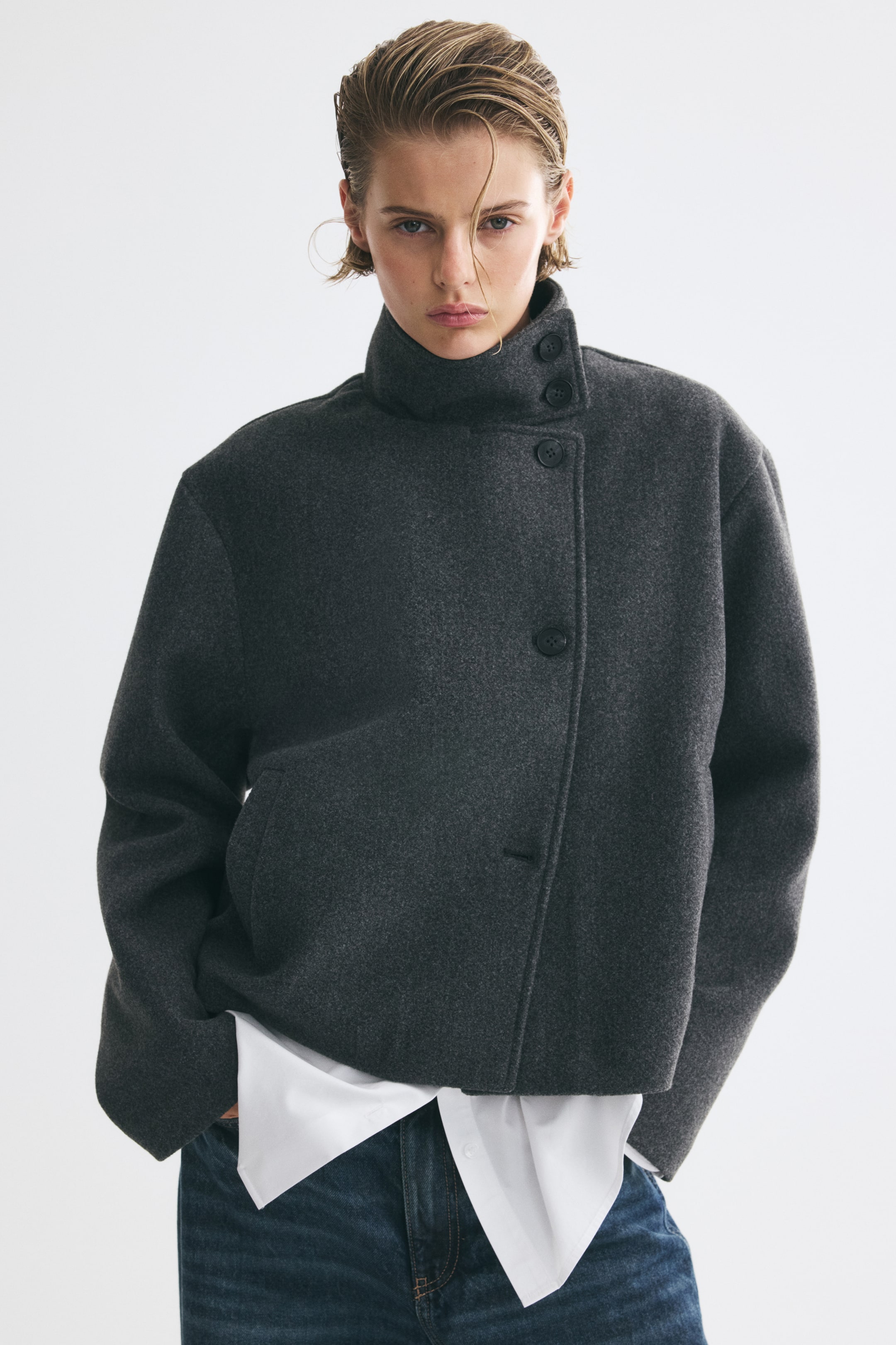 View larger image: Felted funnel-collar jacket - Dark grey - Ladies | H&M 1