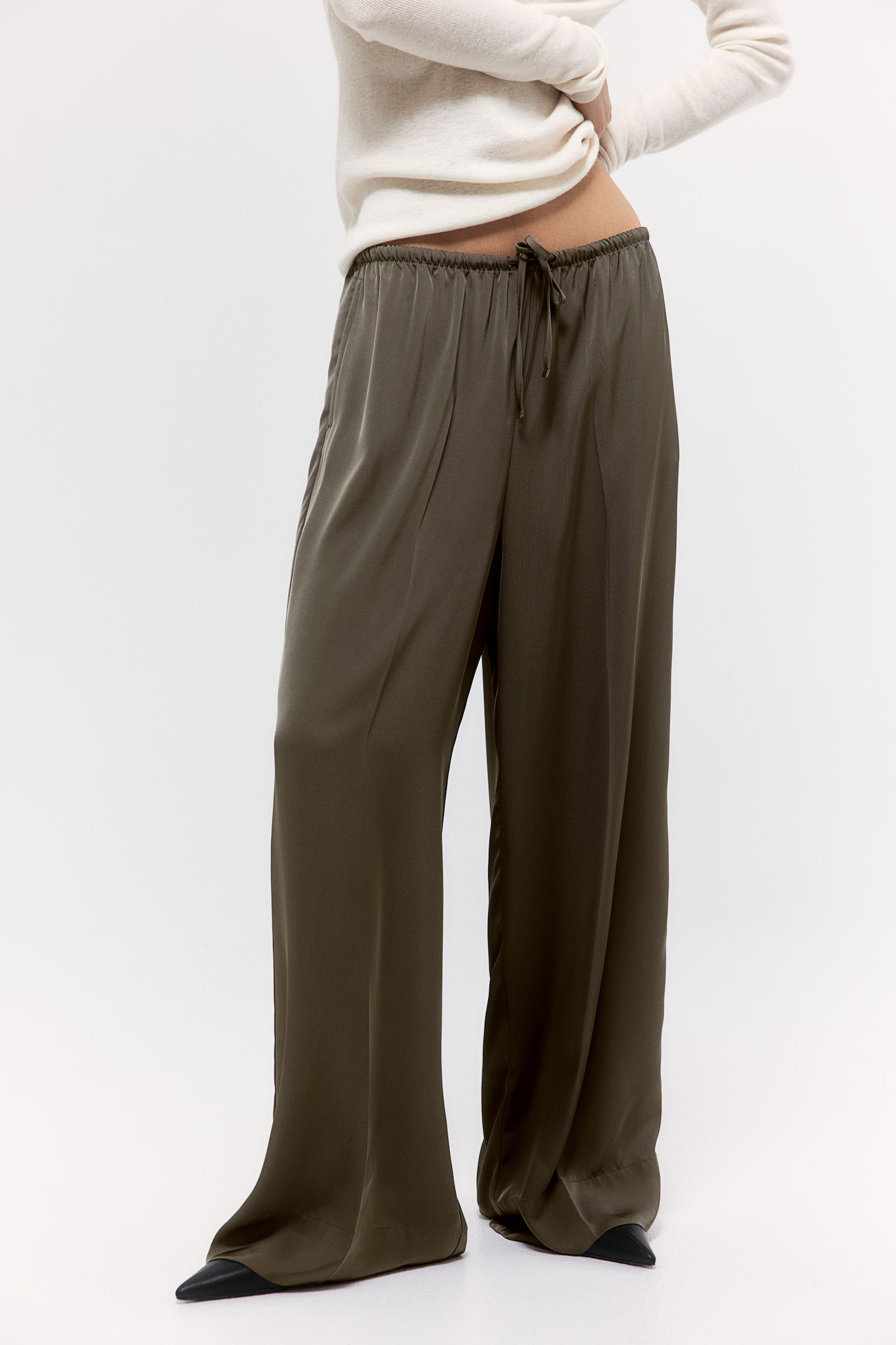 Wide drawstring trousers - Dark grey-green/Black/Light beige - 5