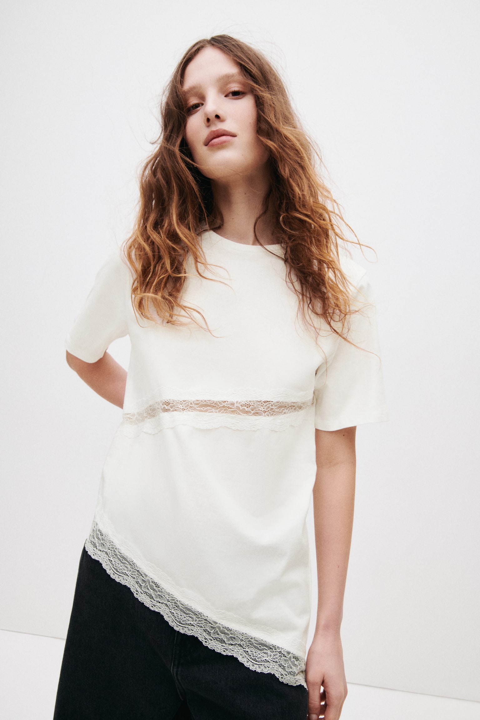 Lace-trimmed T-shirt - White/Black - 6