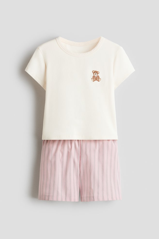Baumwollpyjama - Hellbeige/Teddybär/Cremefarben/Hellblau gestreift - 1
