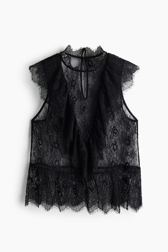 Ruffle-Trimmed Lace Top - Black - 1