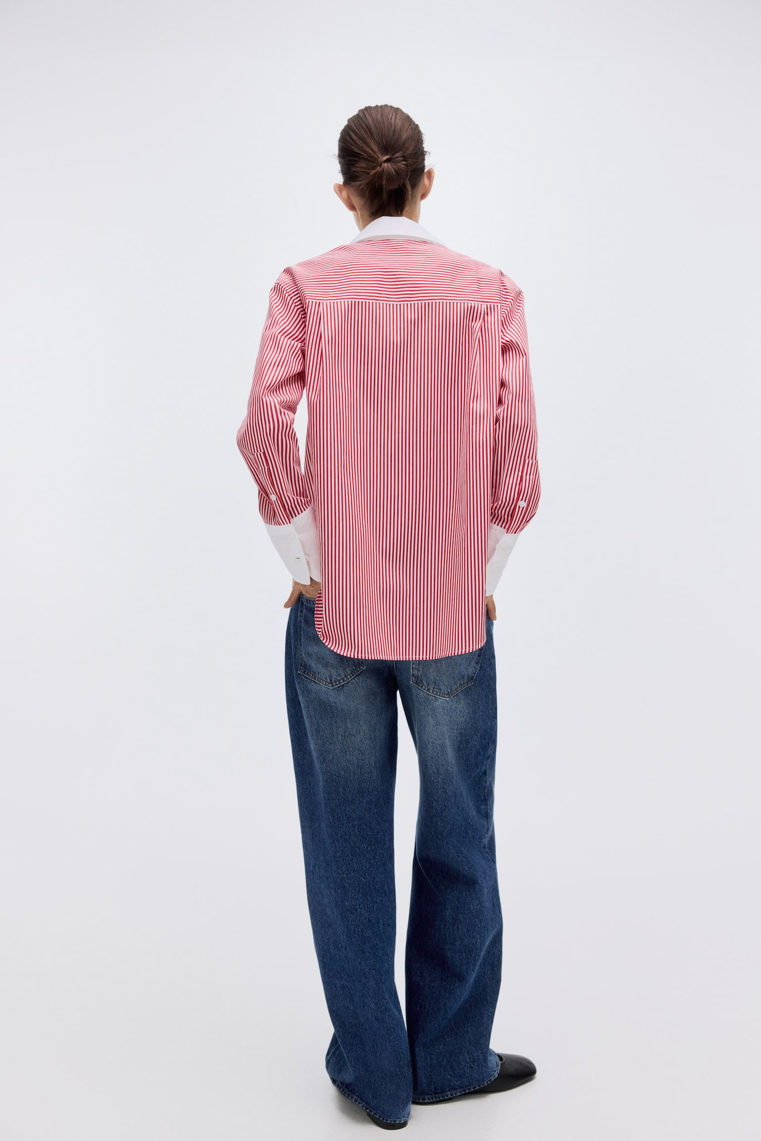 Pamuklu Poplin Gömlek - Kırmızı/Çizgili - 7