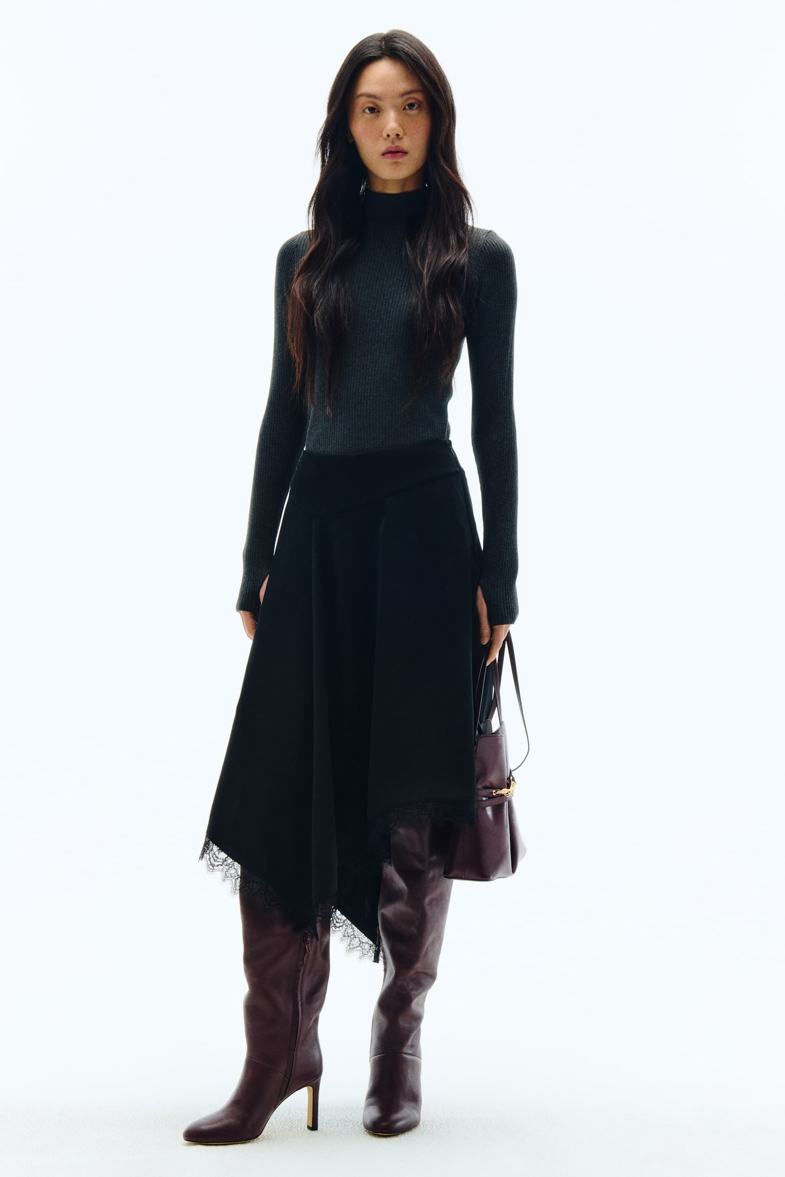 リブハイネックトップス - ダークグレーメランジ/バーガンディ - 6