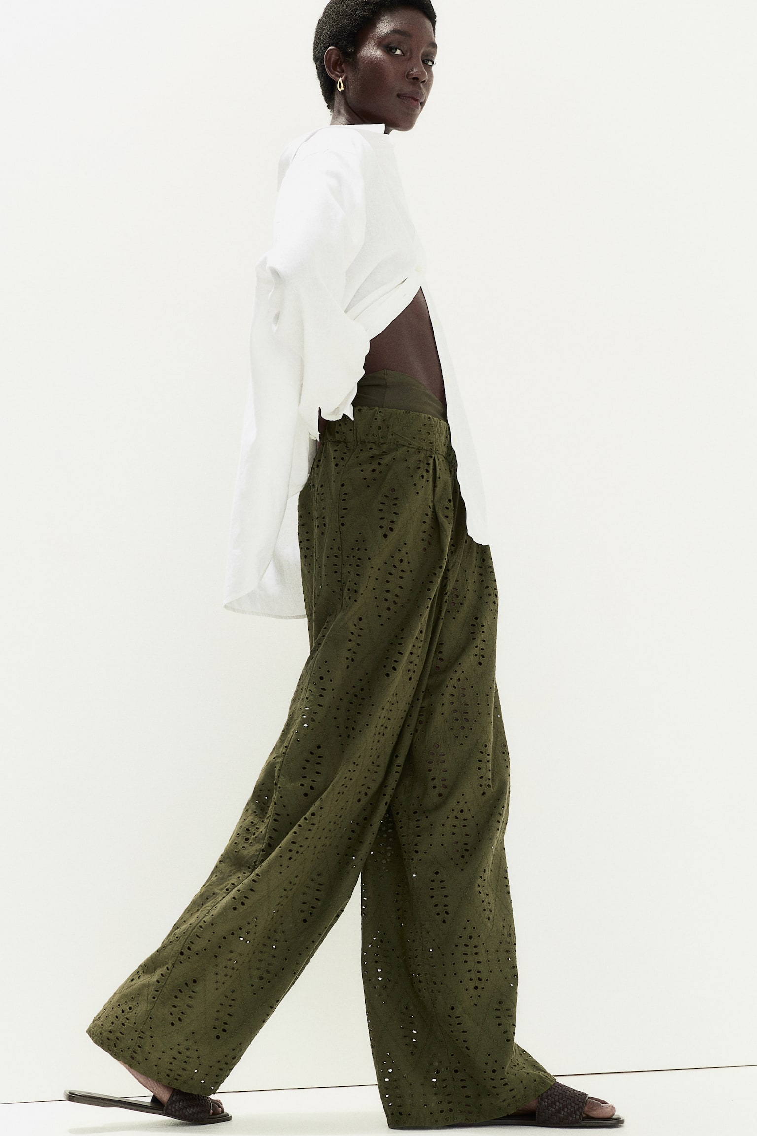 Broderie Anglaise Pants - Dark khaki green - 1