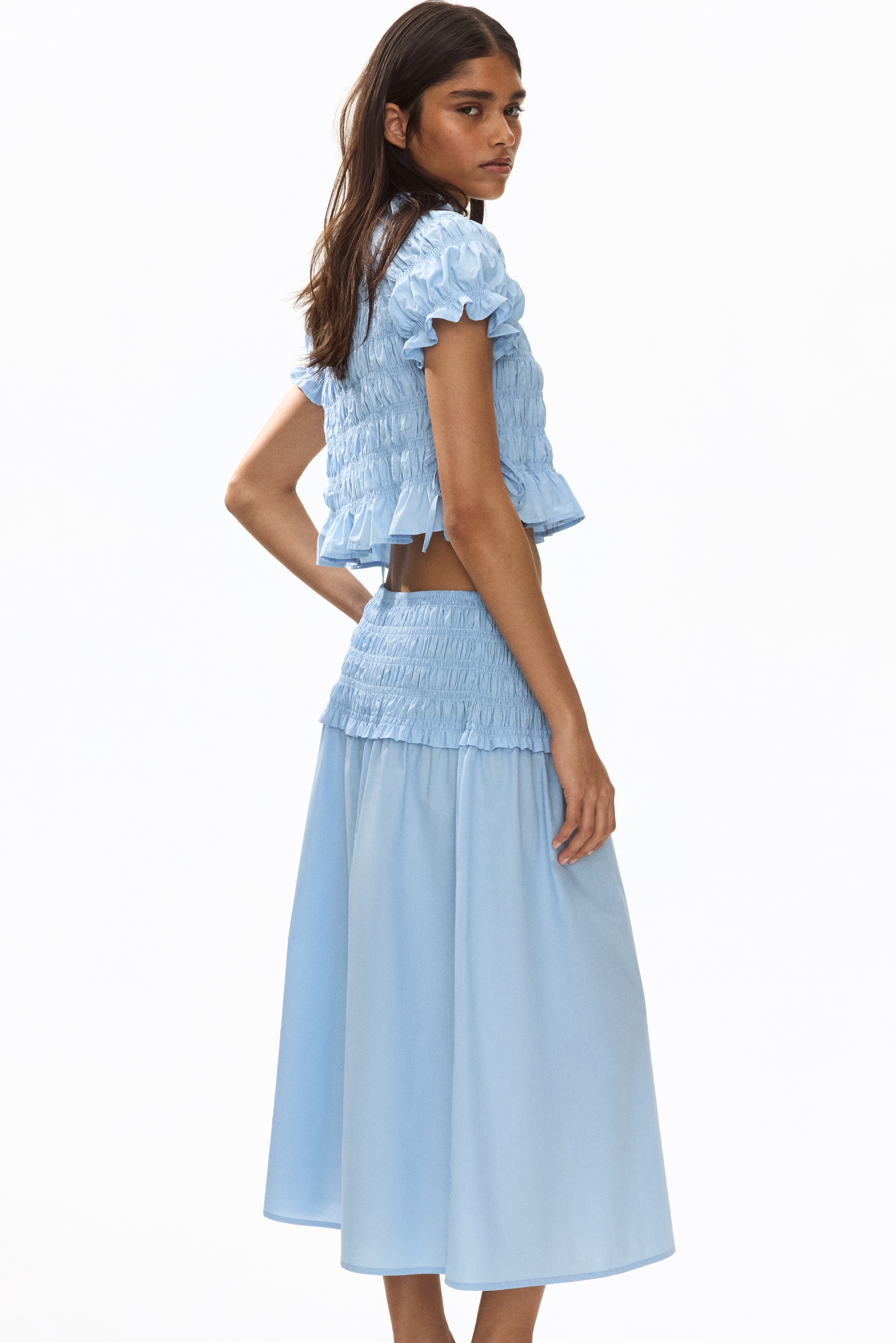 Smocked-waist cotton skirt - Light blue