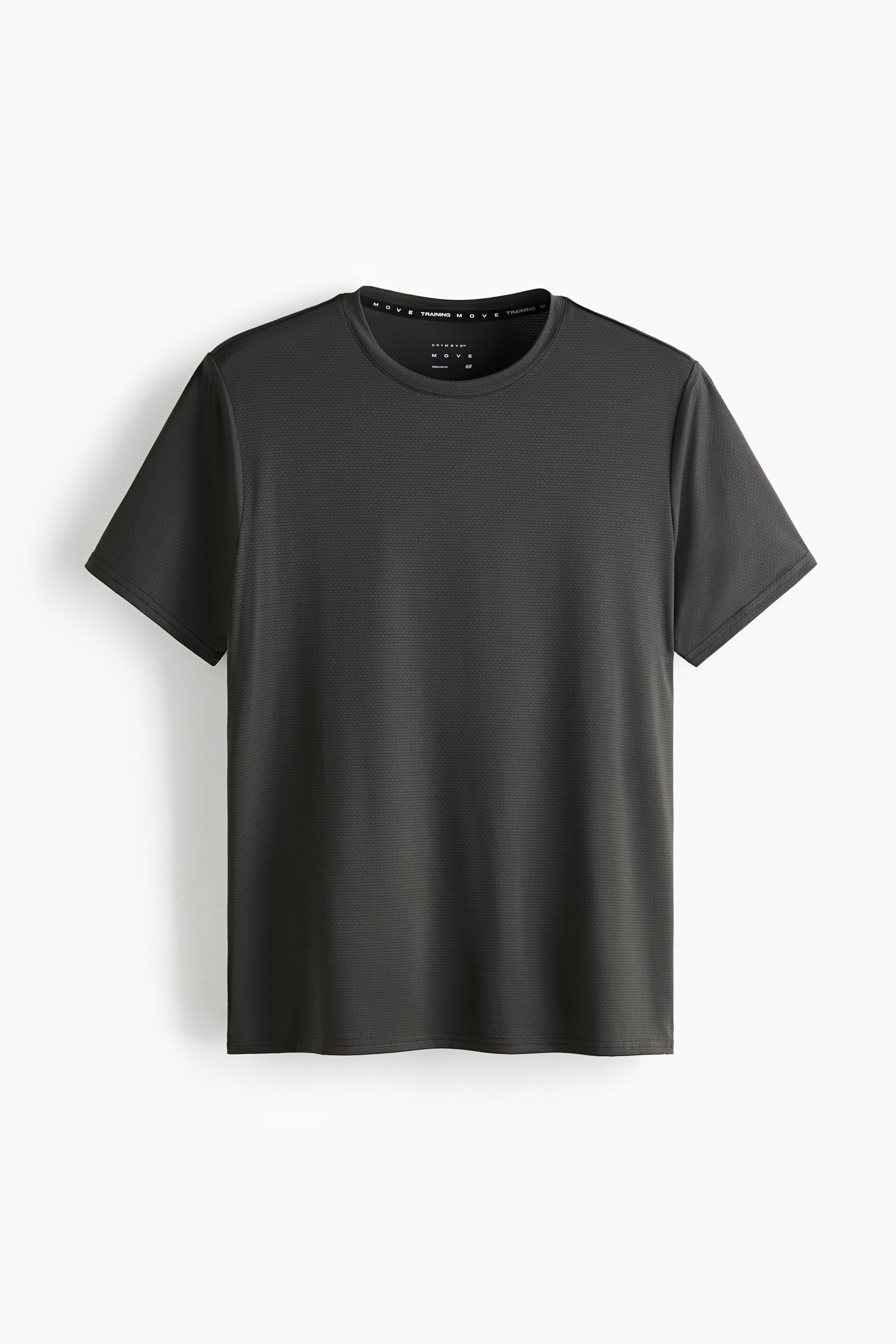 View larger image: A dark grey athletic T-shirt is facing forward, featuring a crew neck, short sleeves, and a finely textured knit fabric.