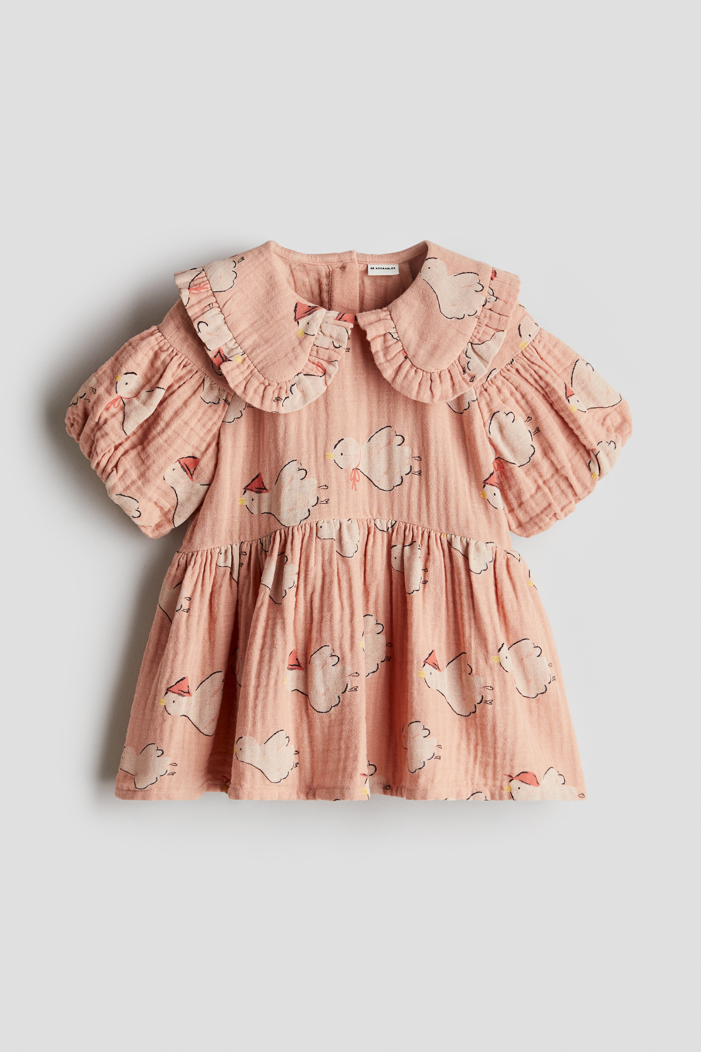 Robe en coton avec manches bouffantes - Pêche foncé/oiseaux