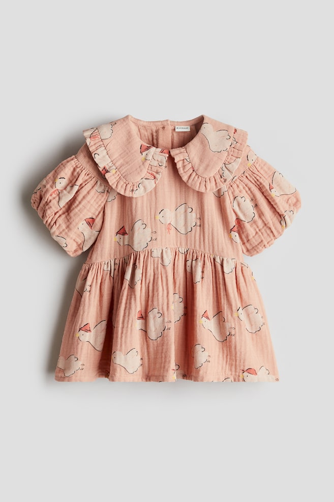 Puff-sleeved cotton dress - Dark peach/Birds - 1