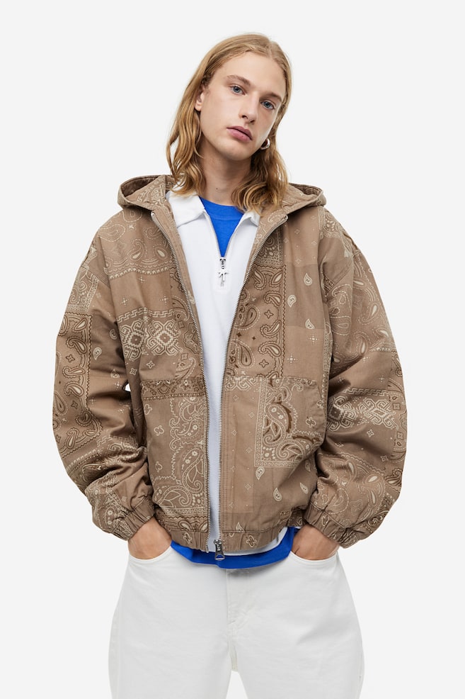 Loose Fit Hooded canvas jacket - Beige/Paisley-patterned/Dark grey - 2