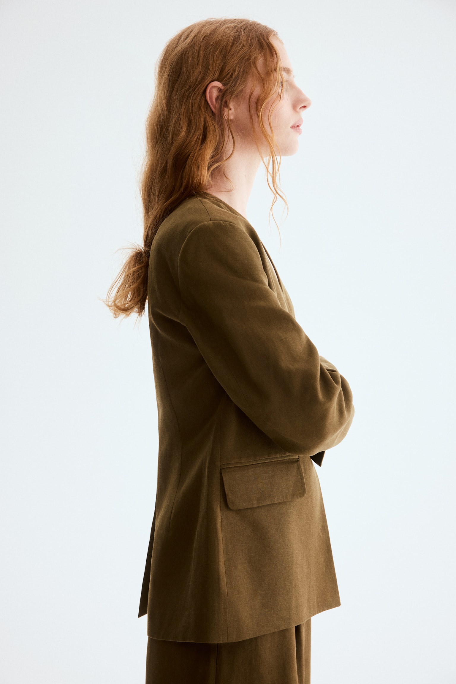 Blazer in misto lino - Verde kaki scuro - 4