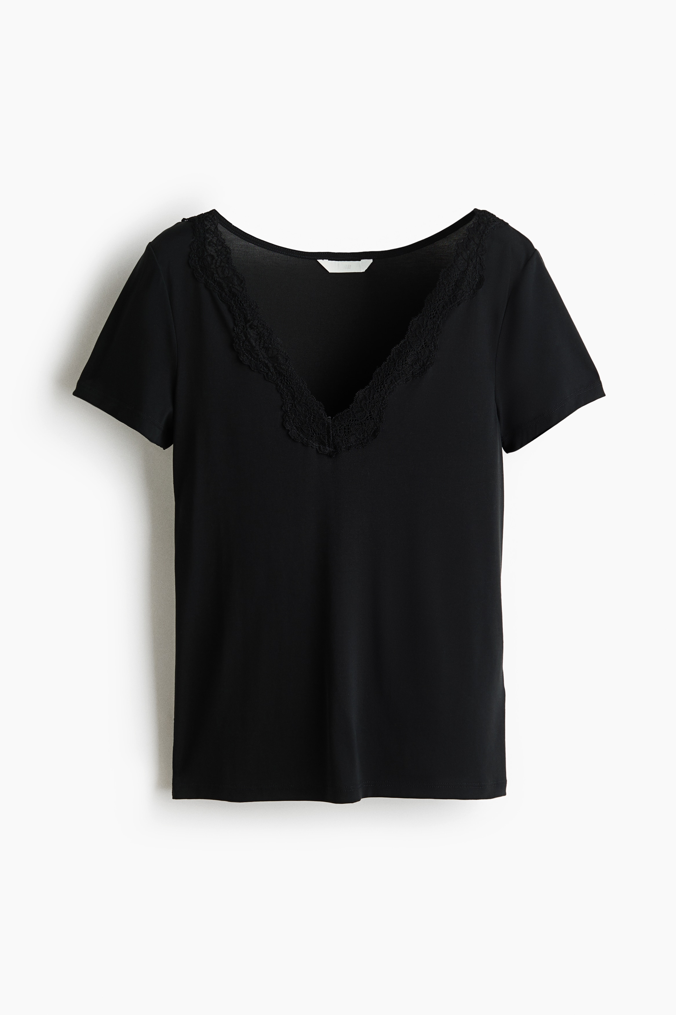Short-sleeved lace-trimmed top - Black