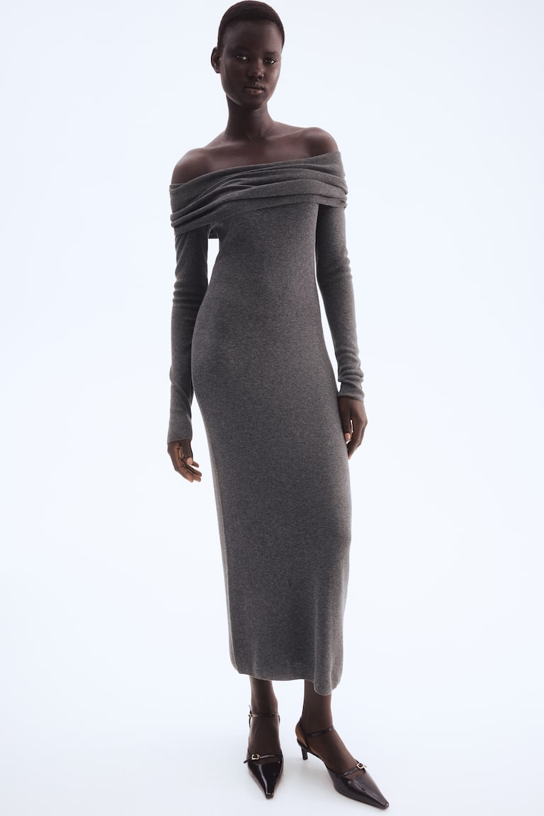Off-the-Shoulder Dress - Dark gray melange Off-the-Shoulder Dress - Dark gray melange