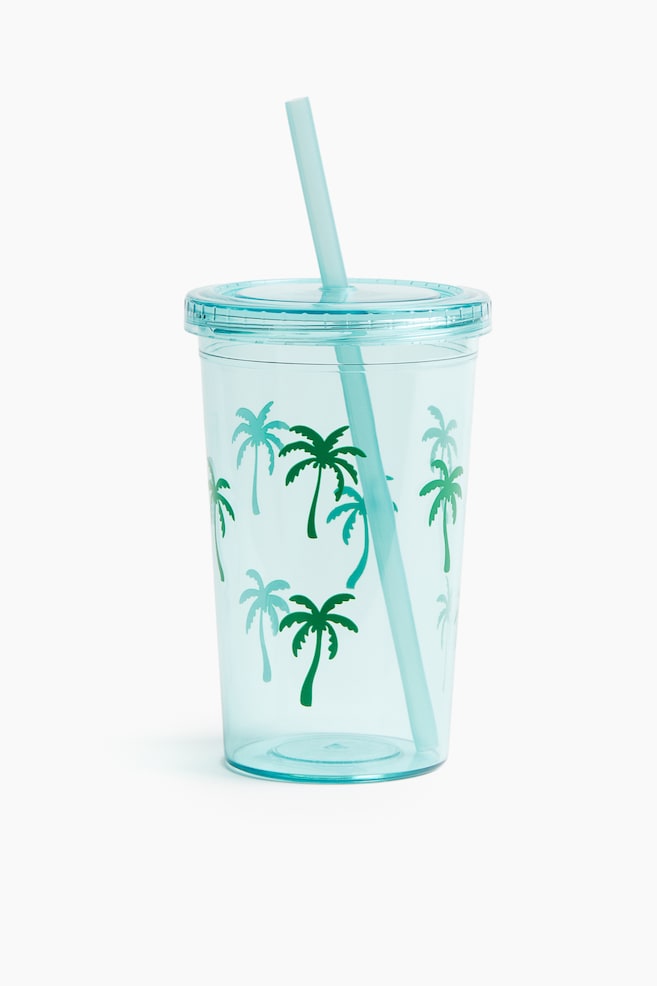 Patterned Plastic Mug with Straw - Light blue/palm trees/Green/dinosaurs/Orange/You Are My Sunshine - 1
