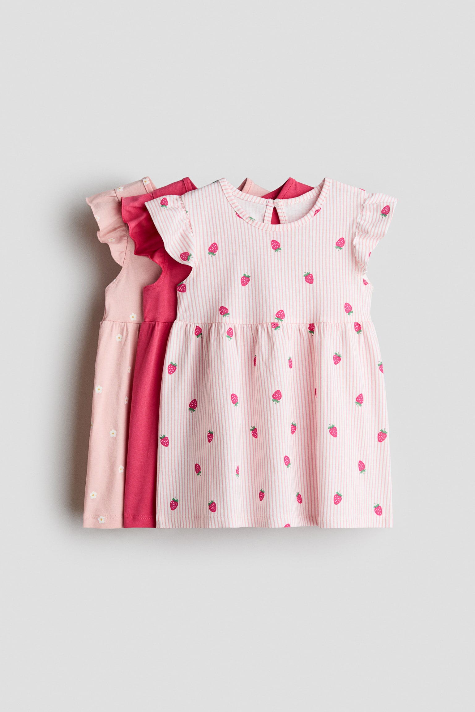 3er-Pack Bedruckte Baumwollkleider - Rosa/Erdbeeren/Marineblau/Kirschen