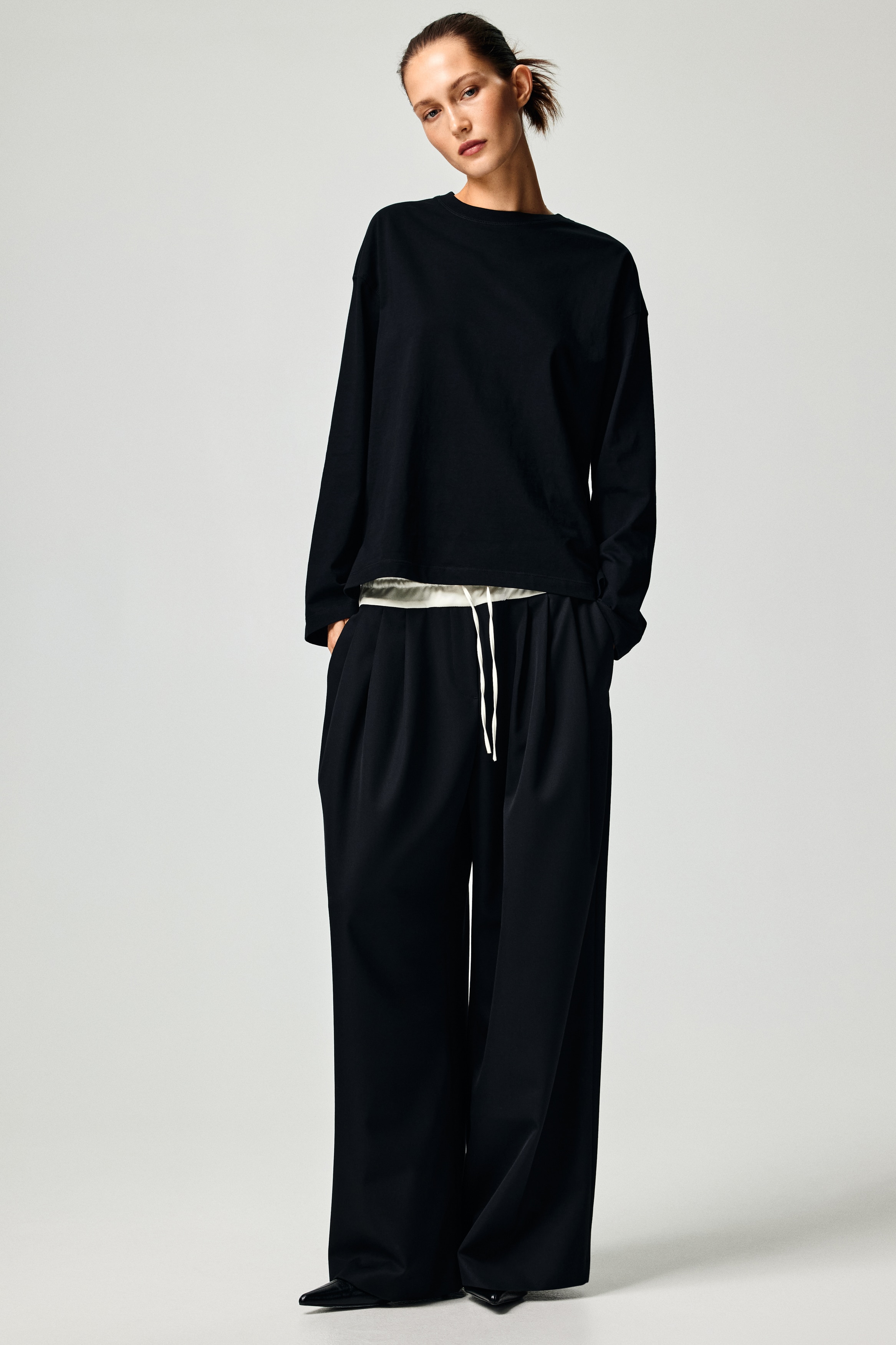 Μακρυμάνικη βαμβακερή μπλούζα - Μαύρο/Ανοιχτό μπεζ/Μπεζ