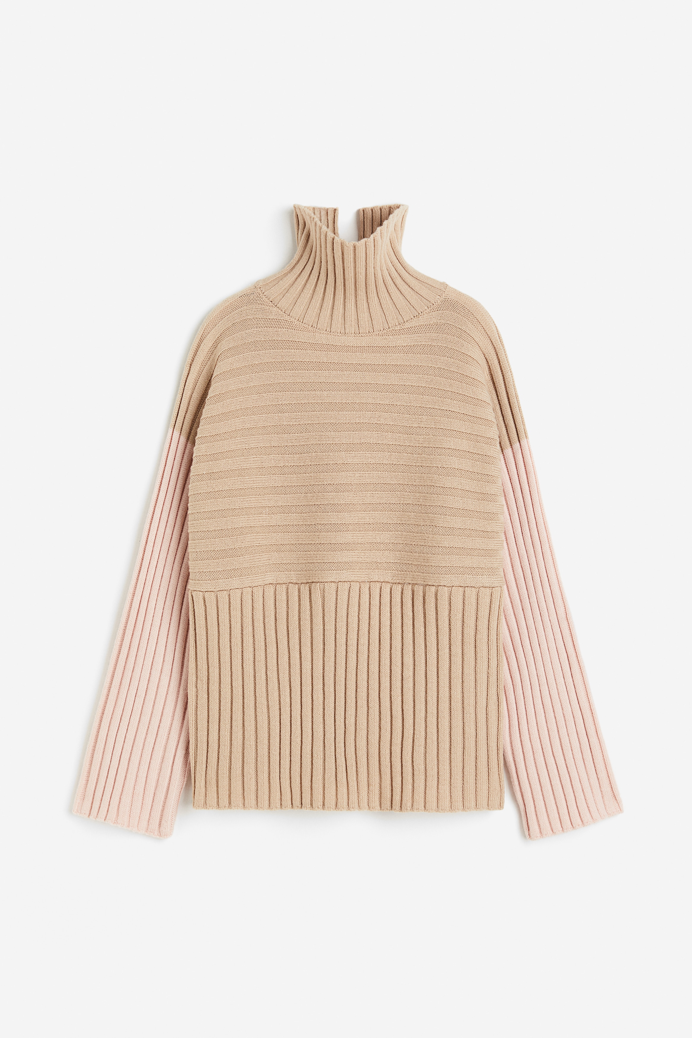 リブニット ハイネックセーター - ベージュ／ライトピンク