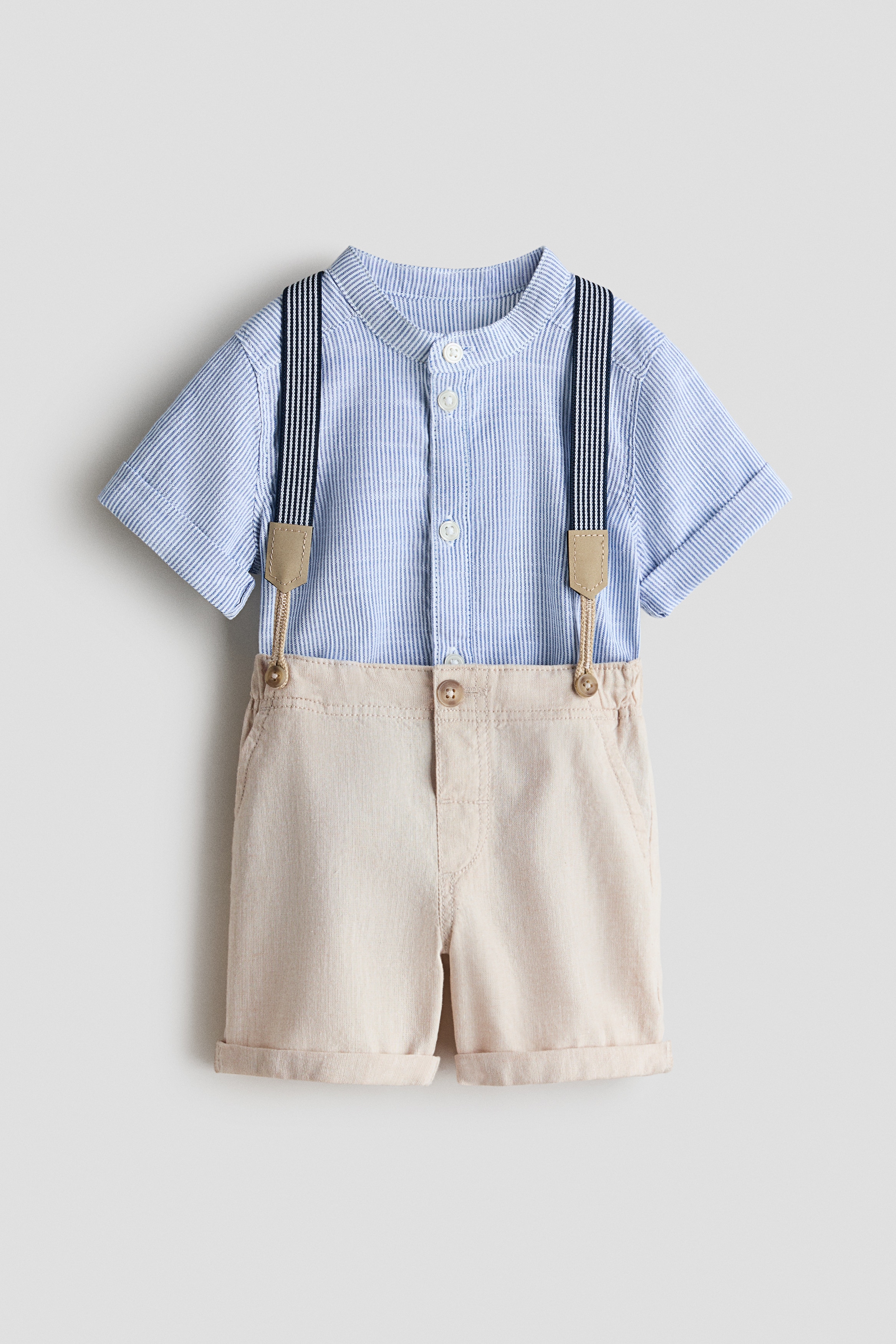 Conjunto de 2 piezas con tirantes - Azul claro/Beige/Verde caqui claro/Blanco