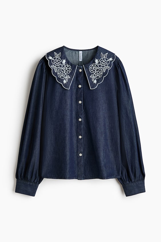 Женские блузки H&M Embroidered-Collar Denim Blouse
