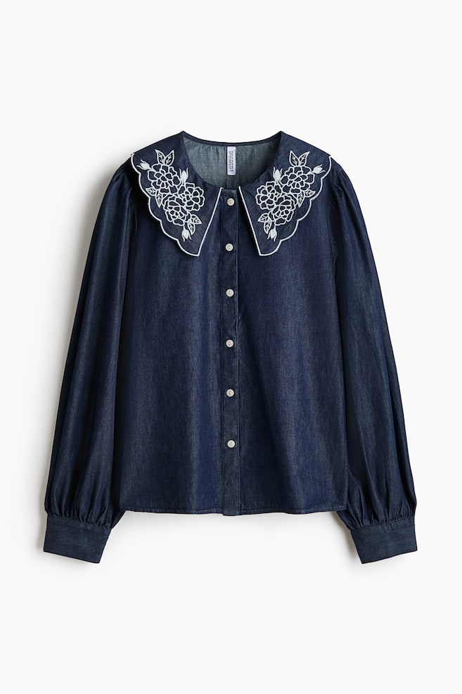 Embroidered-Collar Denim Blouse - Dark denim blue - 1