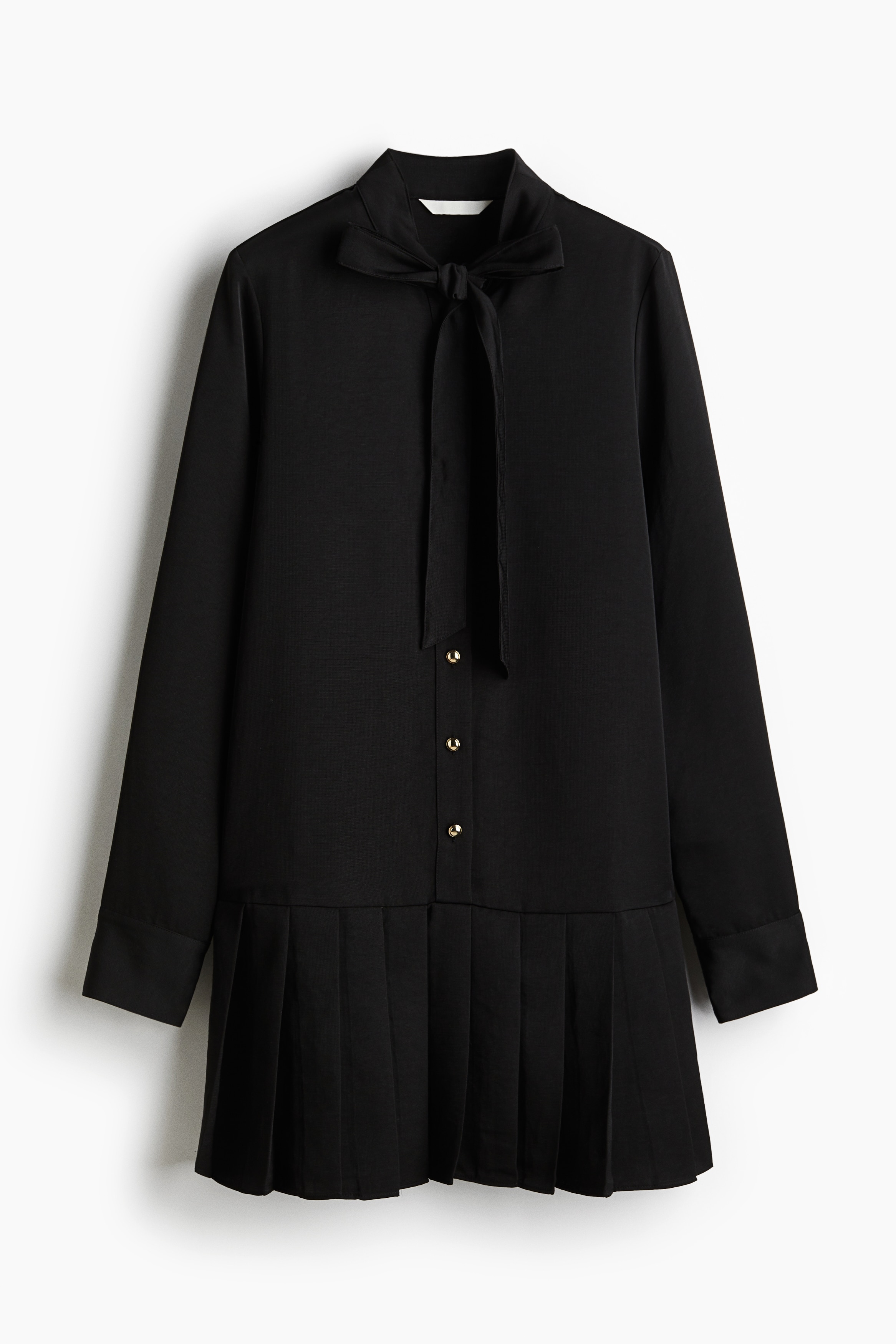 Pleated Skirt Shirt Dress - Black