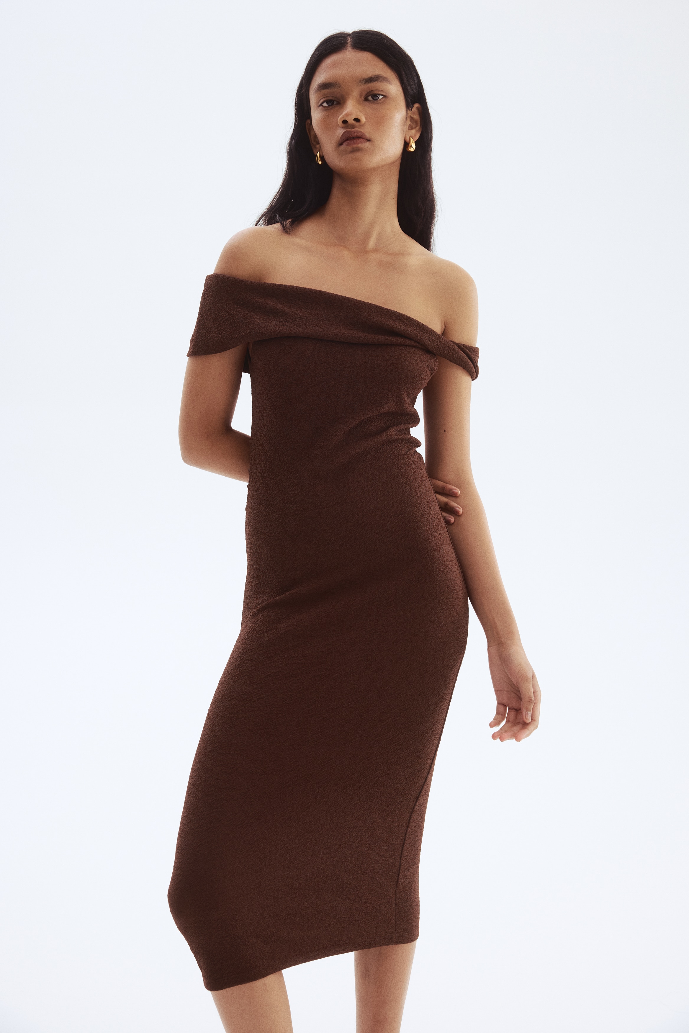 Vestido drapeado de un hombro - Café oscuro/Anaranjado