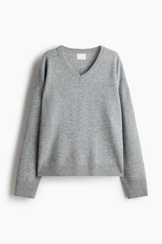 V-neck wool jumper - Grey marl/Navy blue - 1