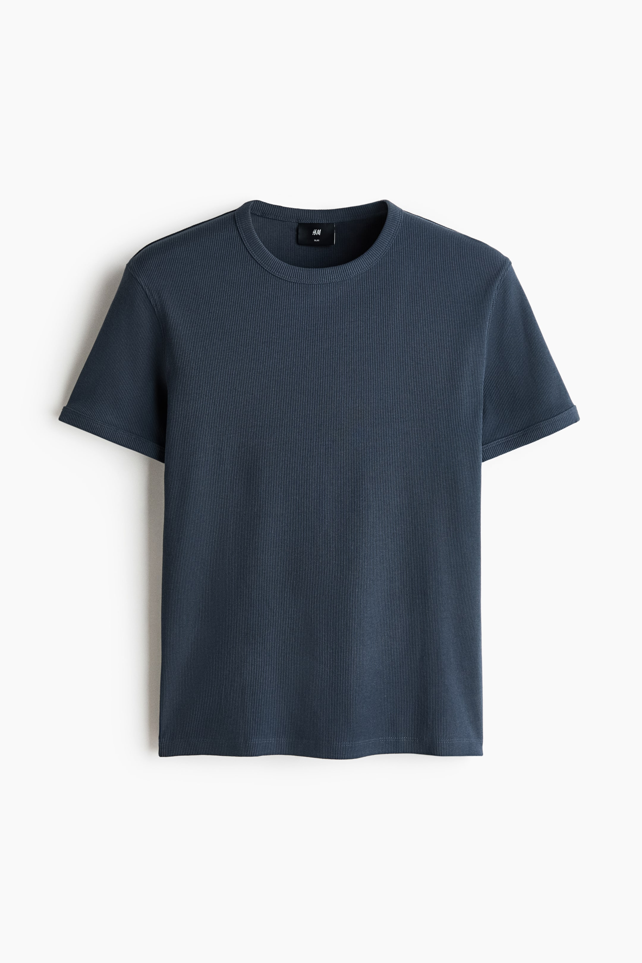 View larger image: "A dark blue T-shirt is displayed from the front, showcasing a ribbed texture, round neckline, short sleeves, and a straight-cut hem. It offers a slim fit."