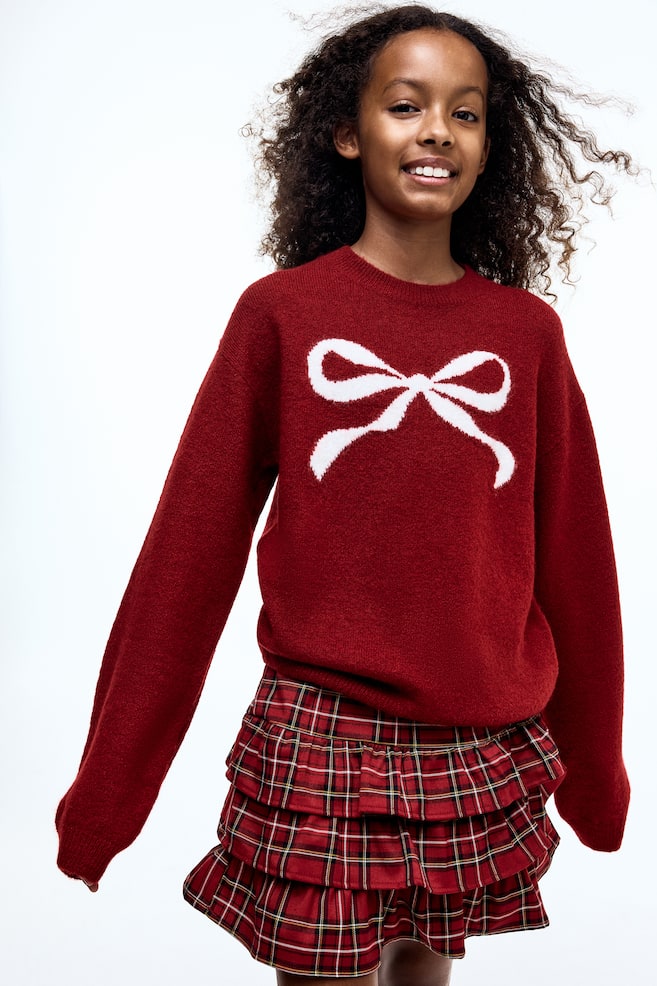 Jacquard-Knit Sweater-Red/bow - 2