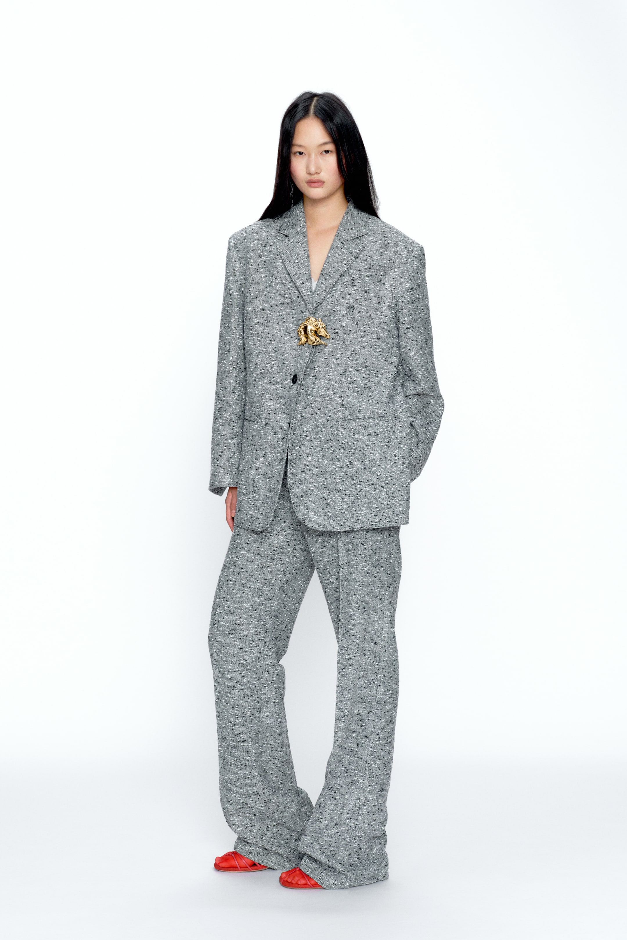 View larger image: A grey speckled pantsuit featuring an oversized jacket with notch lapels, a single-button closure, and a gold ornate brooch on the lapel. The matching wide-leg trousers drape to the hem, slightly pooling over red shoes.