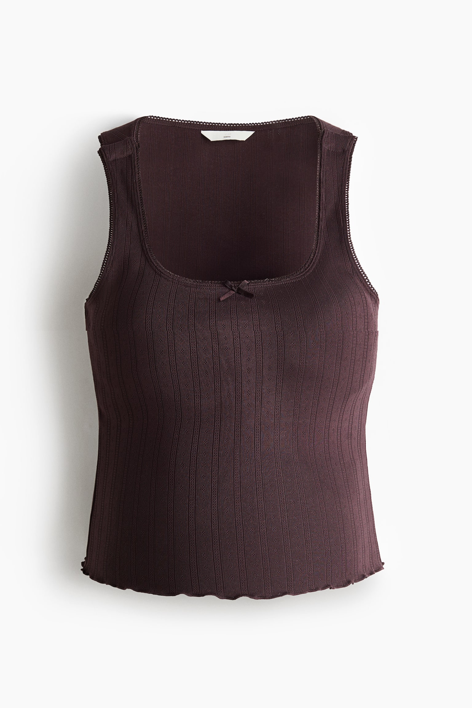 A dark brown ribbed knit tank top is shown from the front, featuring a square neckline and sleeveless armholes both outlined with scalloped lace trim. A small bow is visible at the centre front of the neckline, and the bottom edge is finished with a scalloped hem. - 1