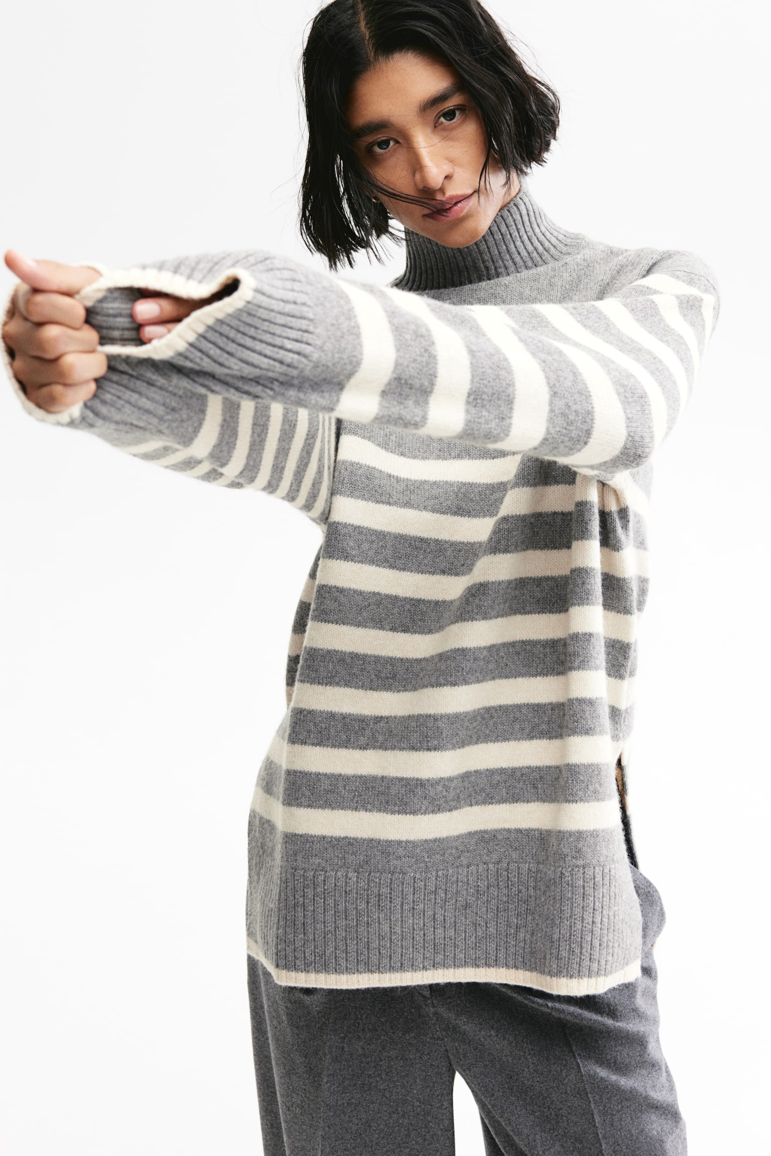 Oversized polo-neck jumper - Grey marl/Striped/Dark khaki green/Red/Light beige marl/Pigeon blue/Grey marl/Natural white/Striped/Cream/Black/Cream striped - 1