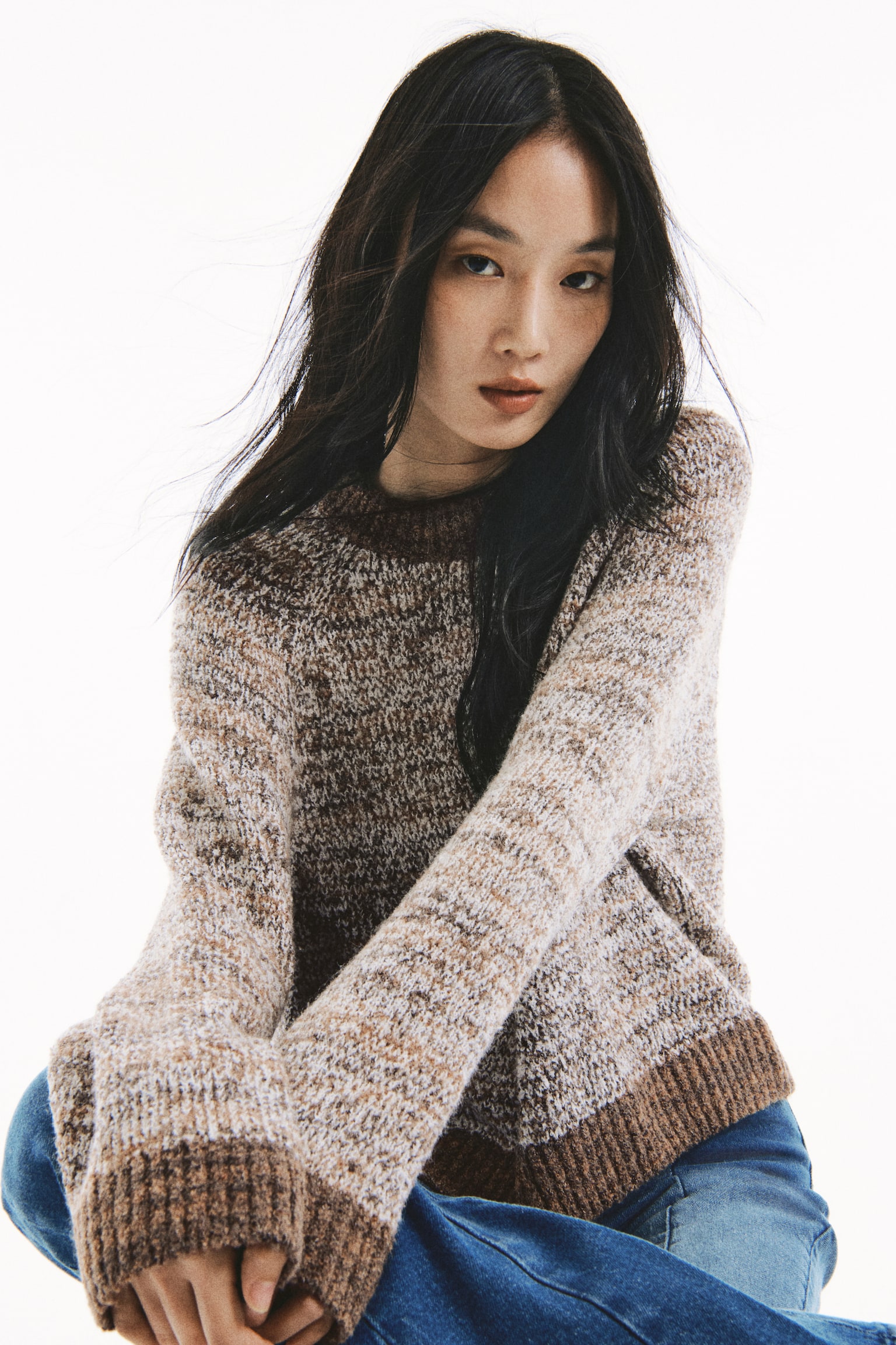 부클레 니트 스웨터 - 브라운/화이트 - 4