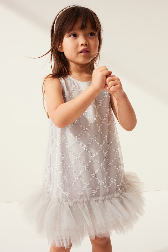 Sequined tulle dress - Light grey - 1