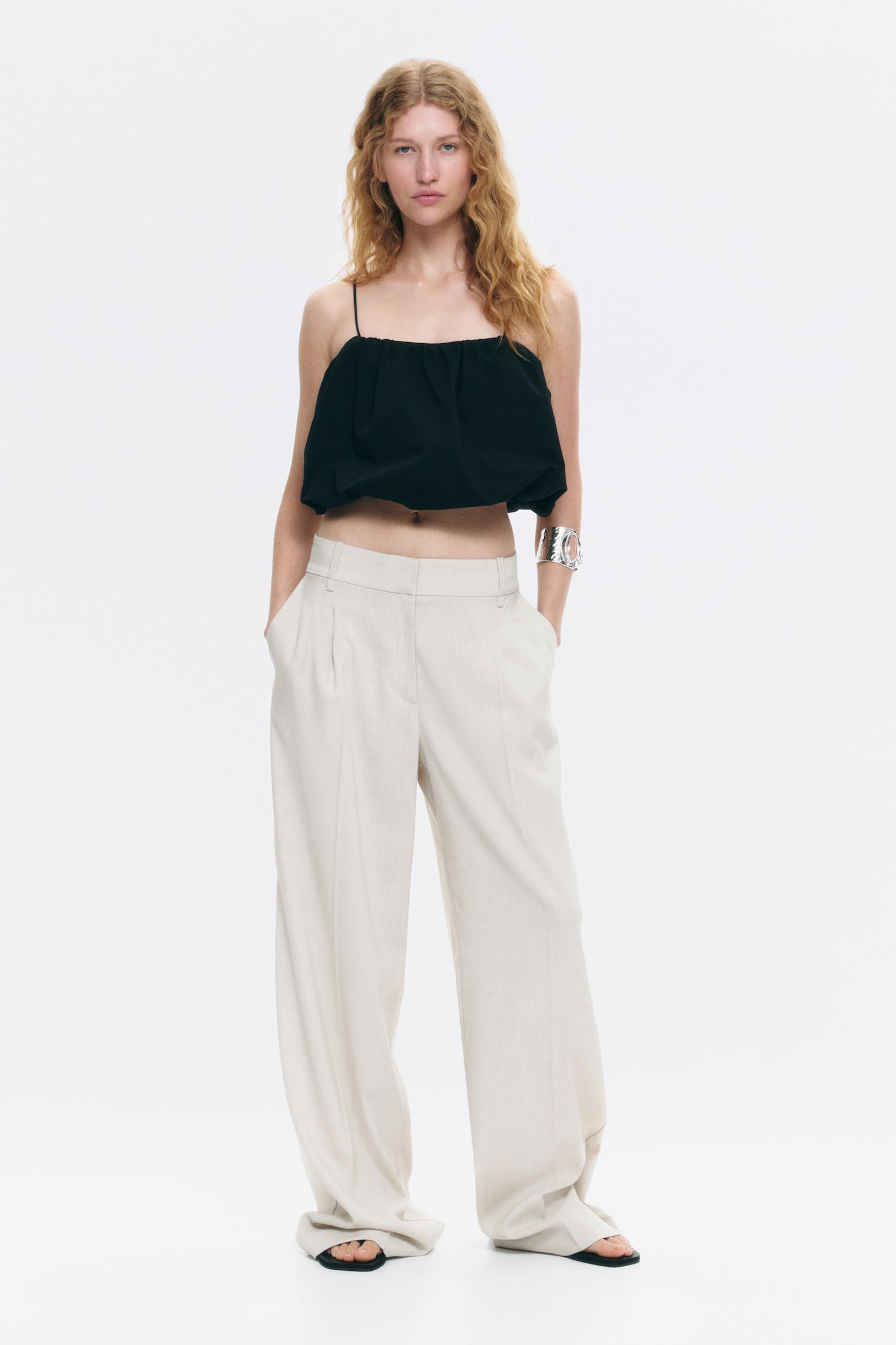 Wijde pantalon - Lichtbeige/Roomwit/Donker kakigroen - 1