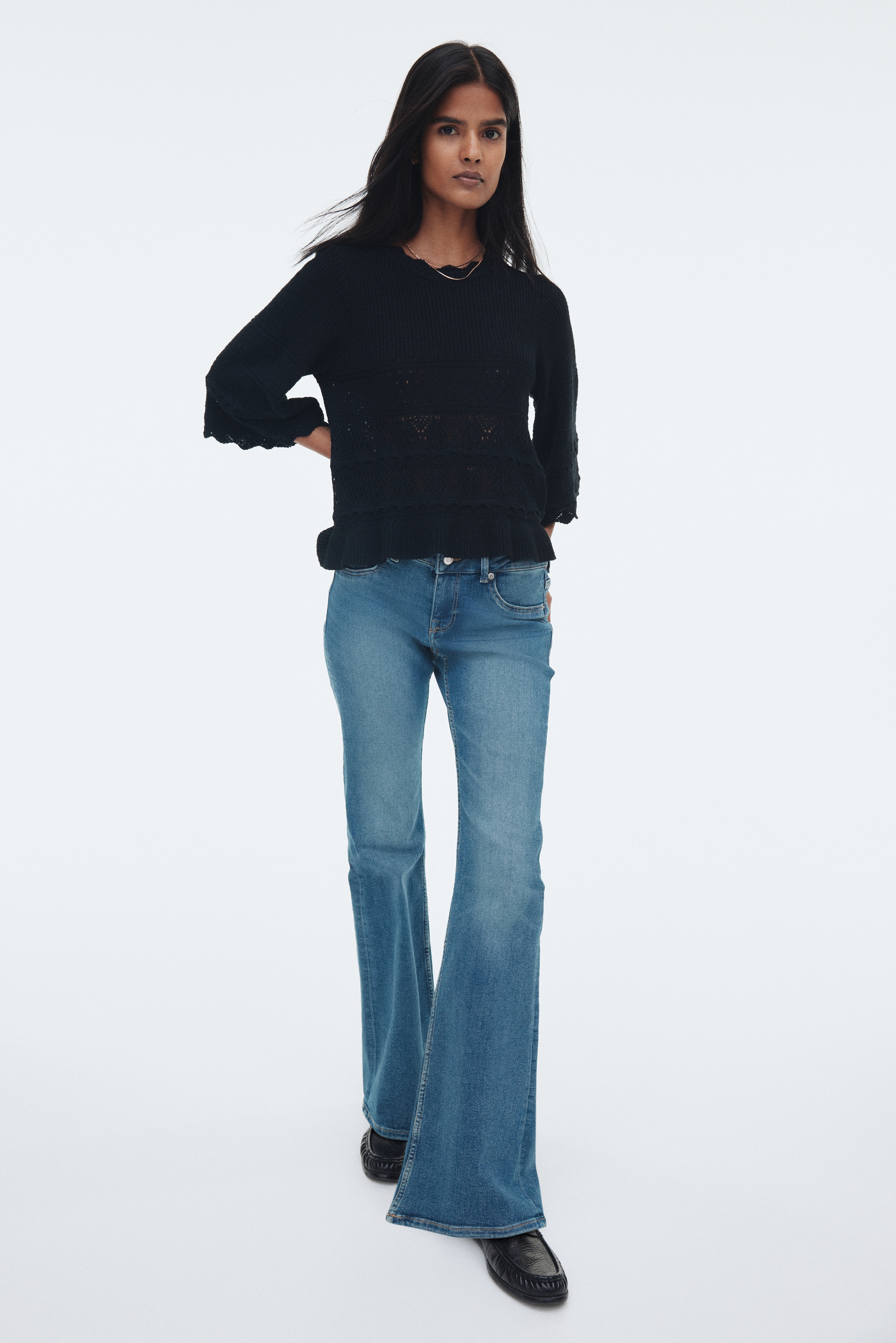 Frill-trimmed pointelle-knit jumper