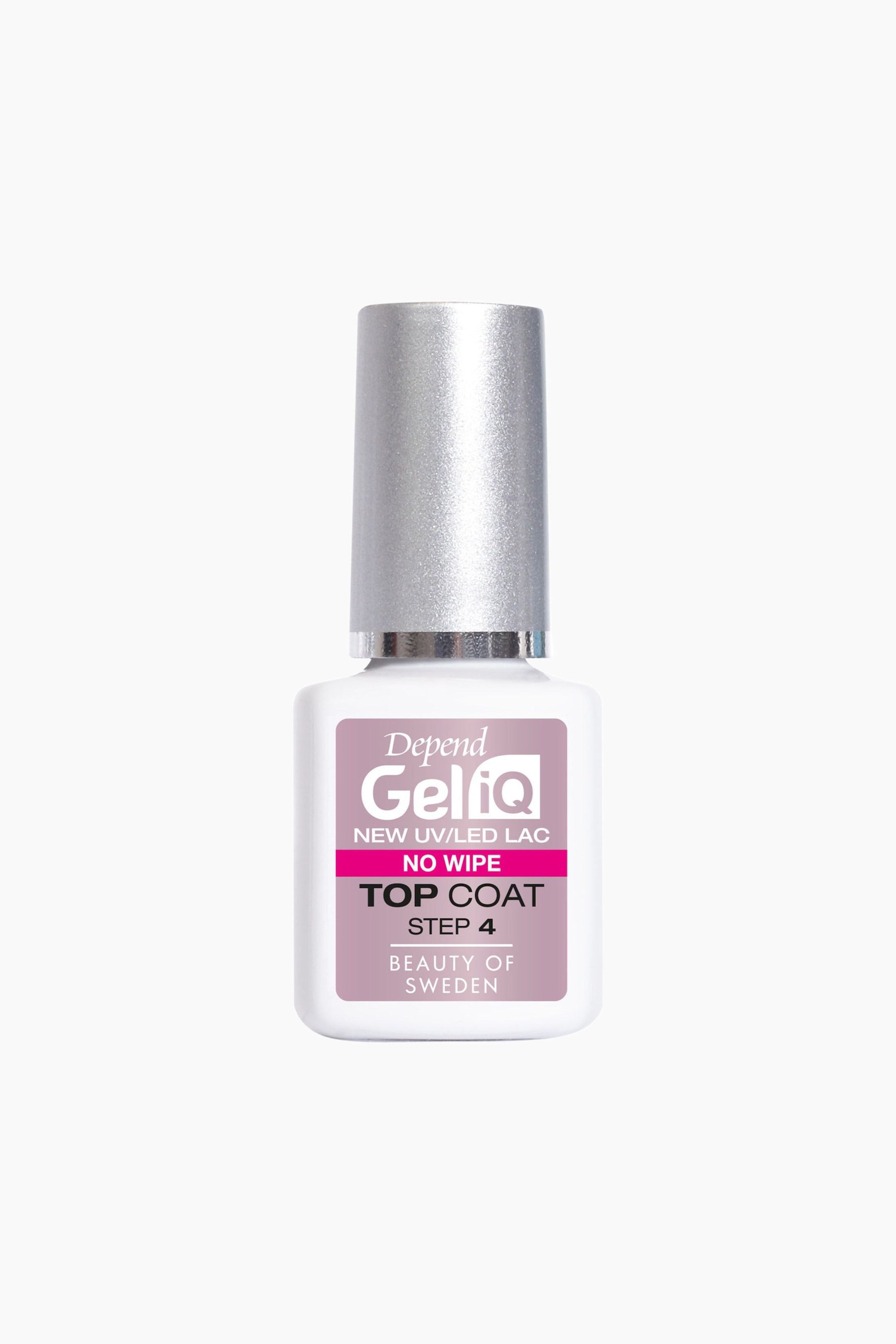 Vis større bilde: En hvit Depend Geliq neglelakkflaske står oppreist, med en rosa etikett som viser «NEW UV/LED LAC NO WIPE TOP COAT STEP 4» og «BEAUTY OF SWEDEN». En skinnende sølvfarget kork topper flasken.