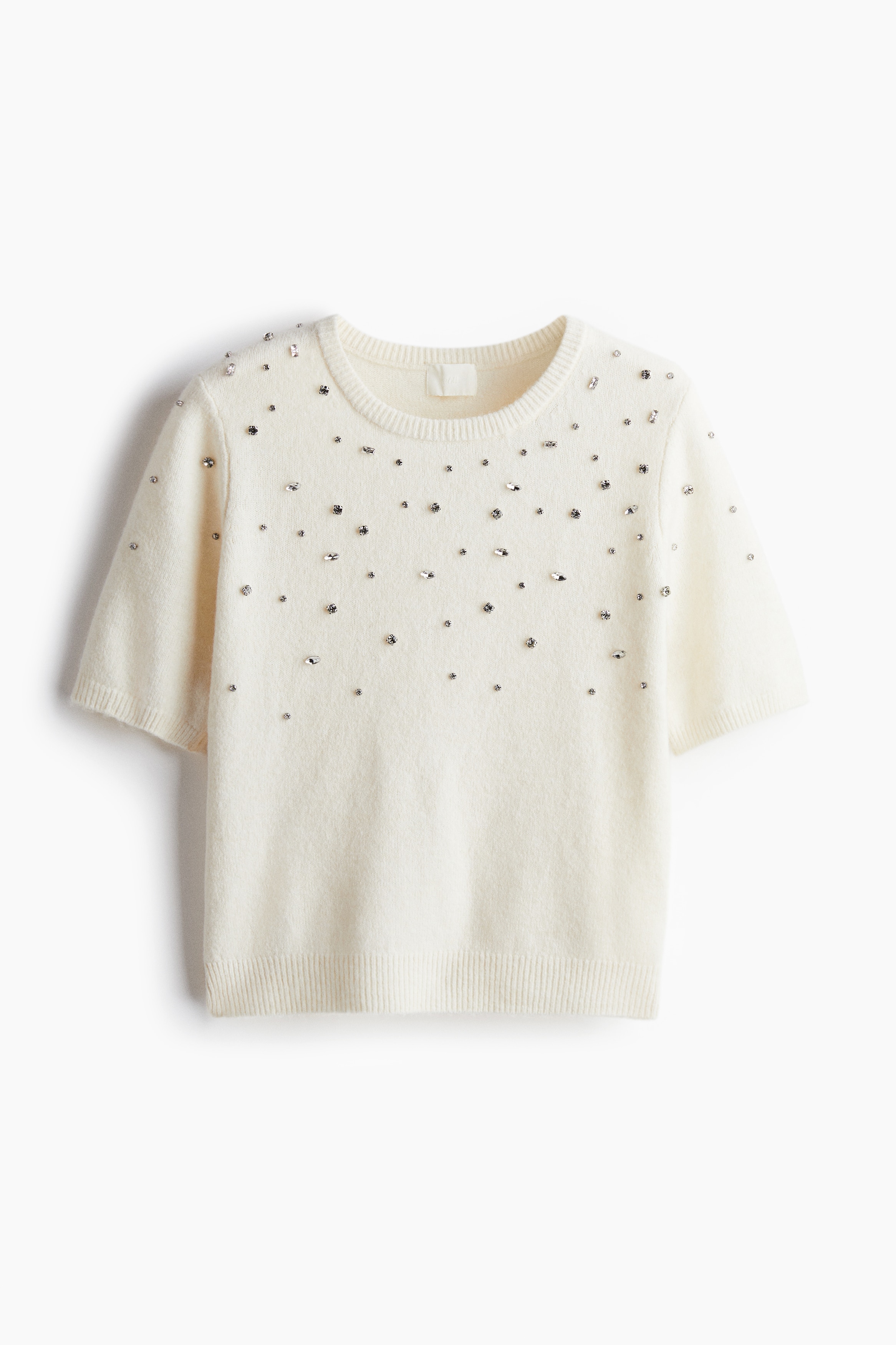 Rhinestone-Embellished Fine-Knit Top - White