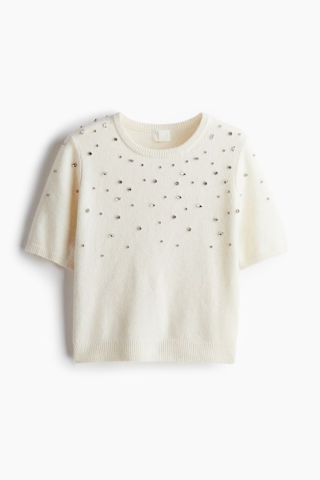 Rhinestone-embellished fine-knit top - White/Dark khaki green/Dark grey marl - 1