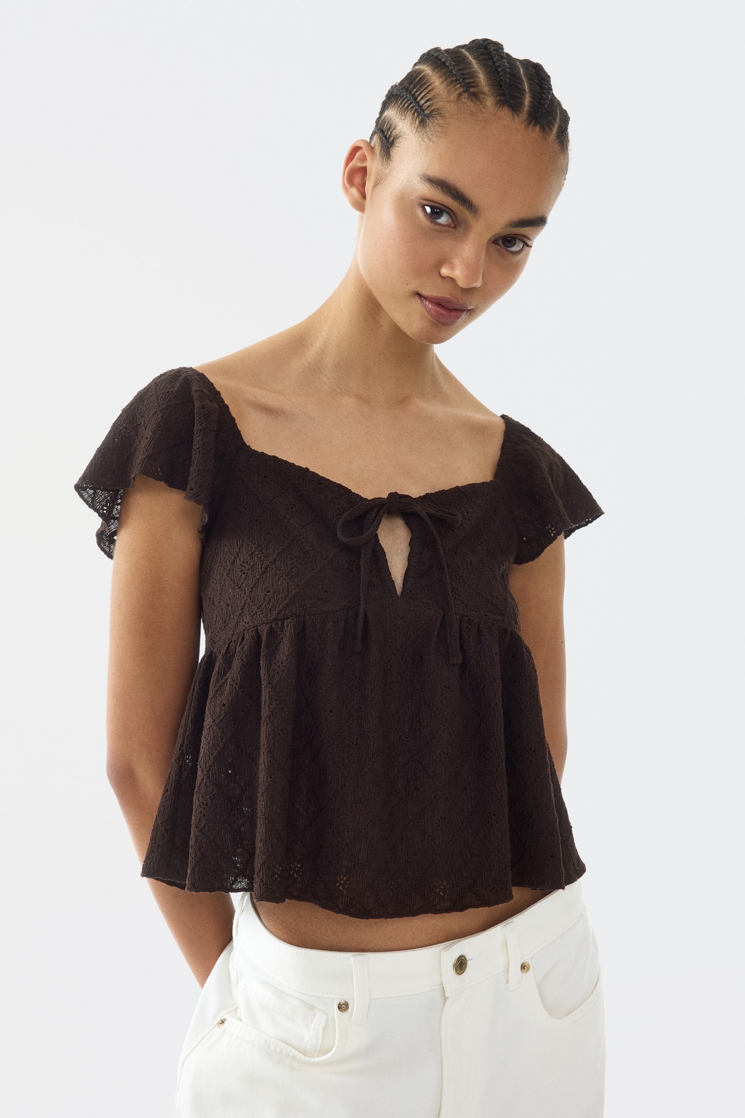 Pointelle jersey blouse - Dark brown/Light yellow/Light blue/White - 2