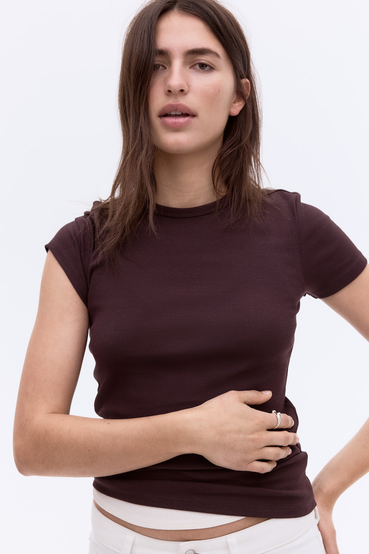 Ribbed T-Shirt Dark brown Ladies H&M PH